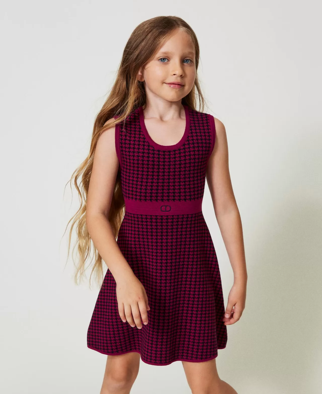 Vestiti | TWINSET Milano Abito Corto In Maglia Jacquard Pied De Poule Bicolor Magenta Purple / Nero