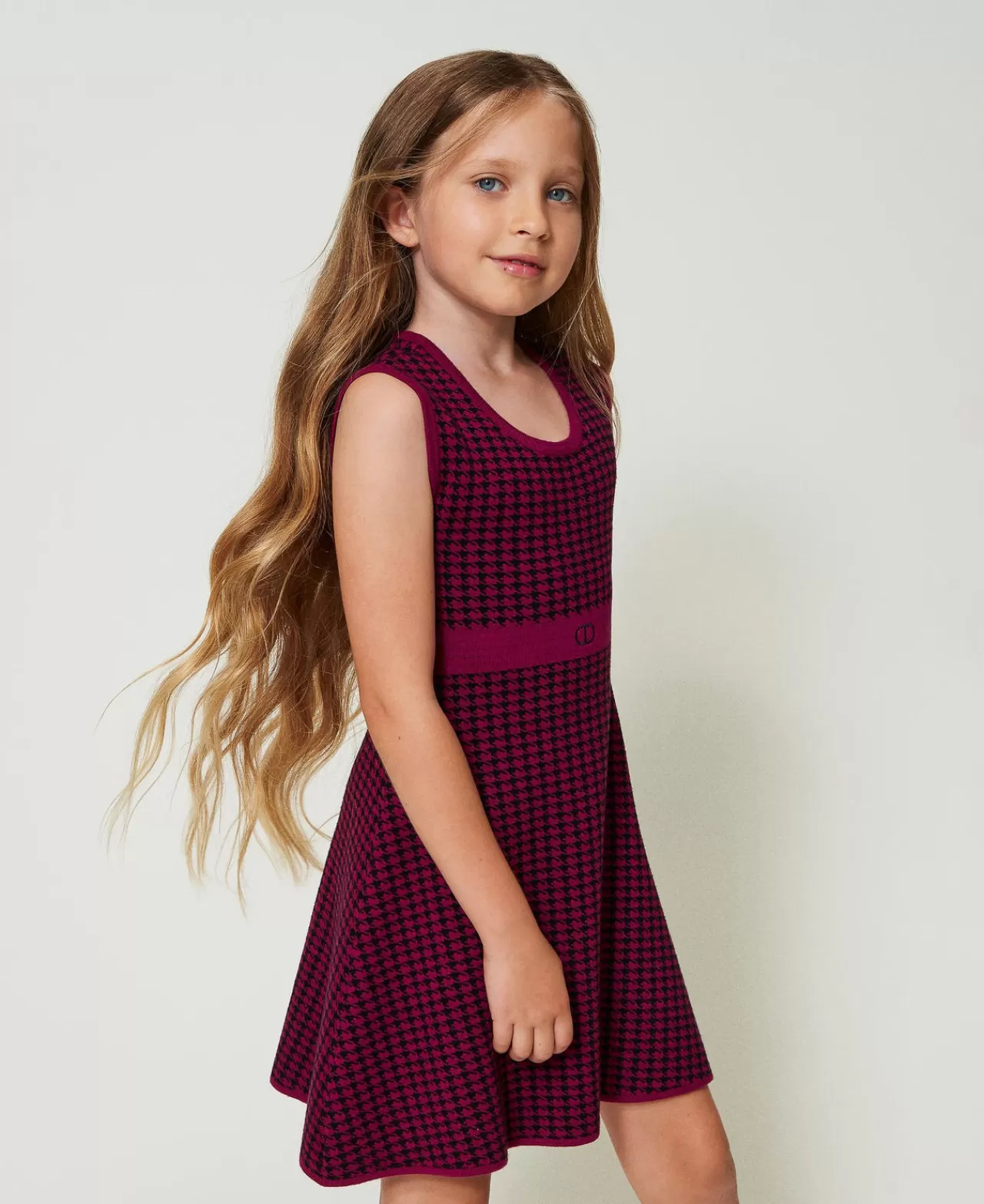 Vestiti | TWINSET Milano Abito Corto In Maglia Jacquard Pied De Poule Bicolor Magenta Purple / Nero