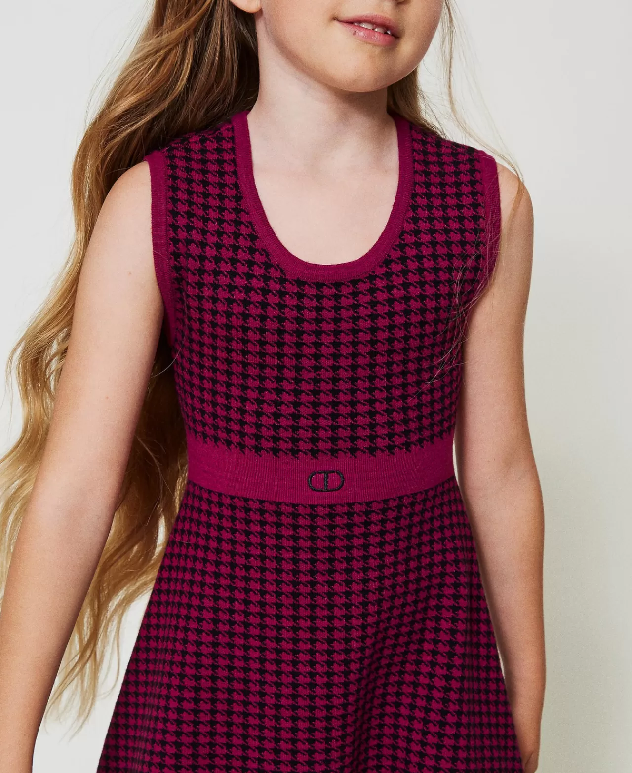 Vestiti | TWINSET Milano Abito Corto In Maglia Jacquard Pied De Poule Bicolor Magenta Purple / Nero