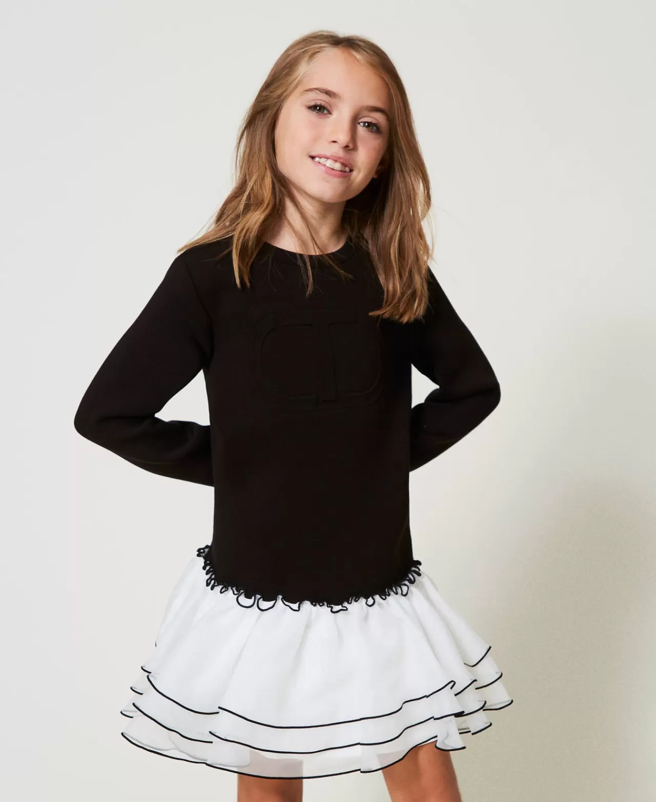 Vestiti | TWINSET Milano Abito Corto In Tessuto Scuba E Organza Bicolor Nero / Off White
