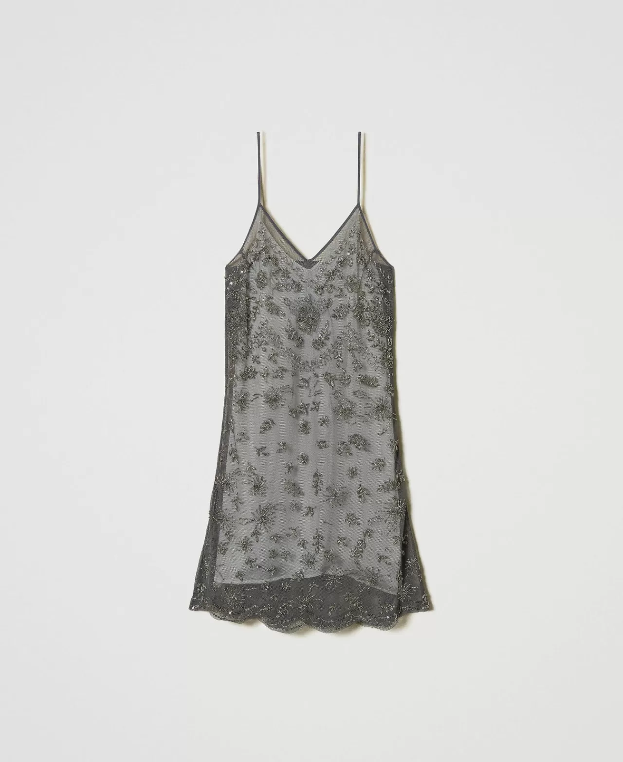 Vestiti Da Cerimonia | Vestiti Corti | TWINSET Milano Abito Corto In Tulle Con Ricamo A Mano Grigio Antracite