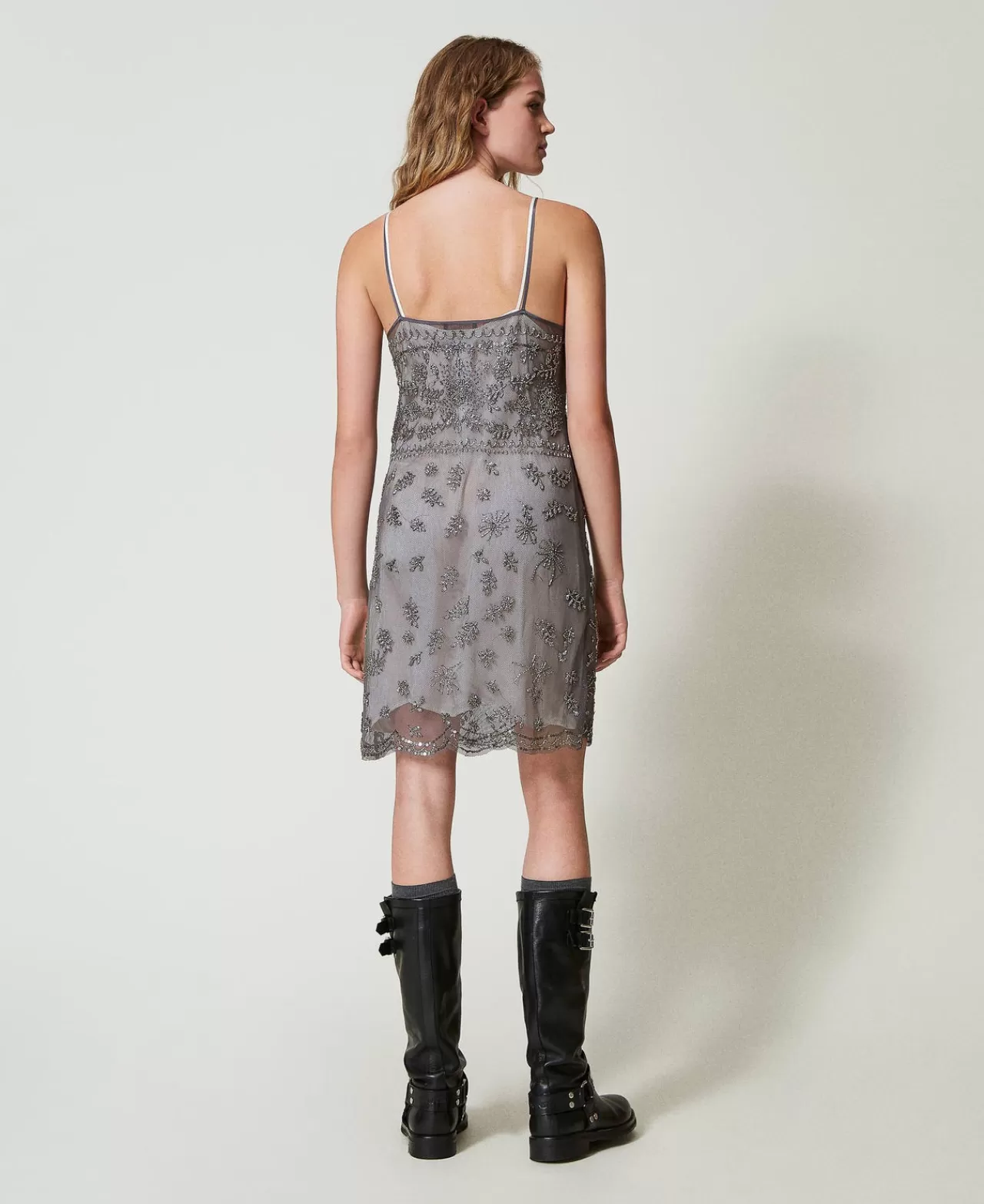 Vestiti Da Cerimonia | Vestiti Corti | TWINSET Milano Abito Corto In Tulle Con Ricamo A Mano Grigio Antracite