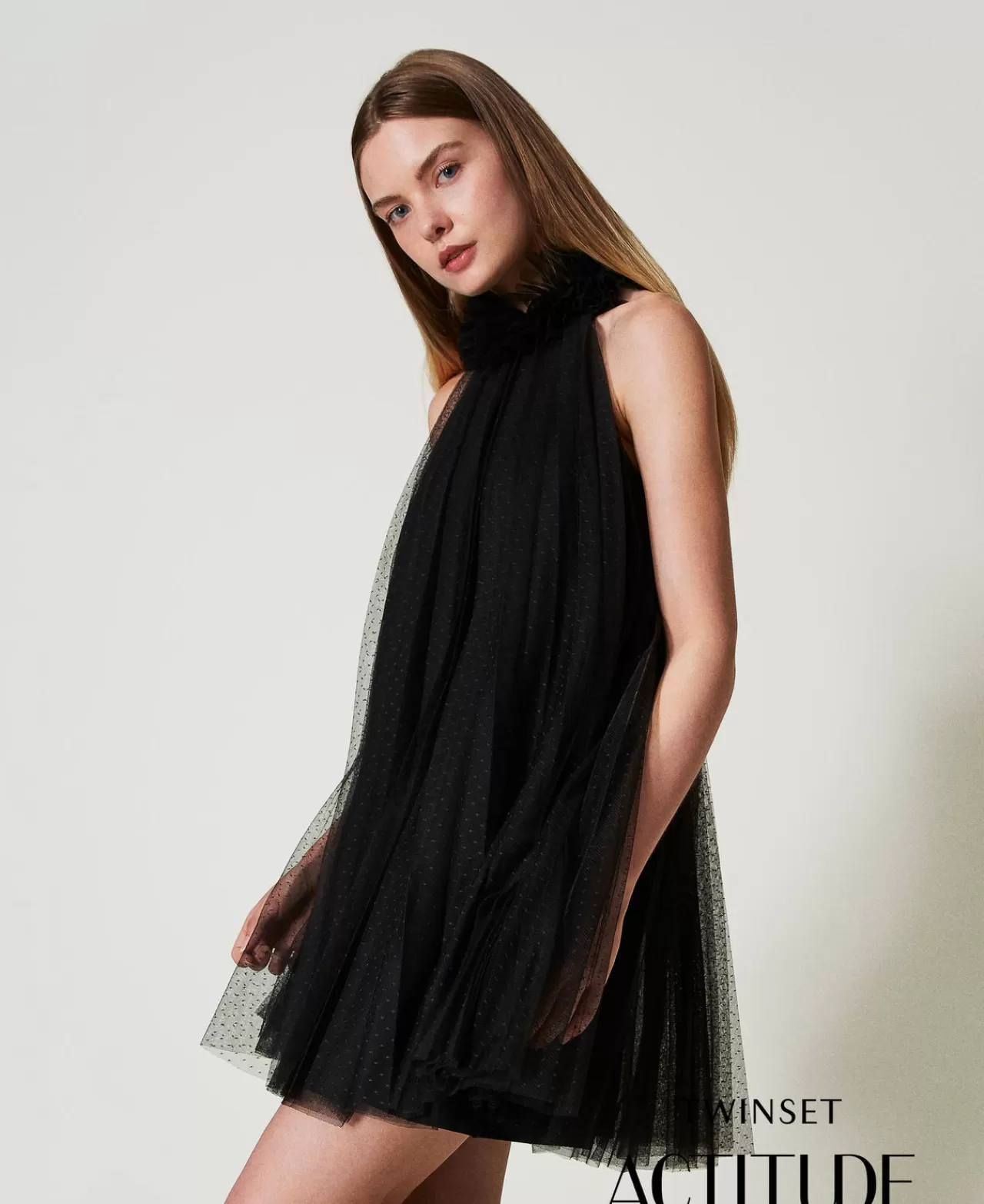 Vestiti Eleganti | Vestiti Corti | TWINSET Milano Abito Corto In Tulle Plissé Nero