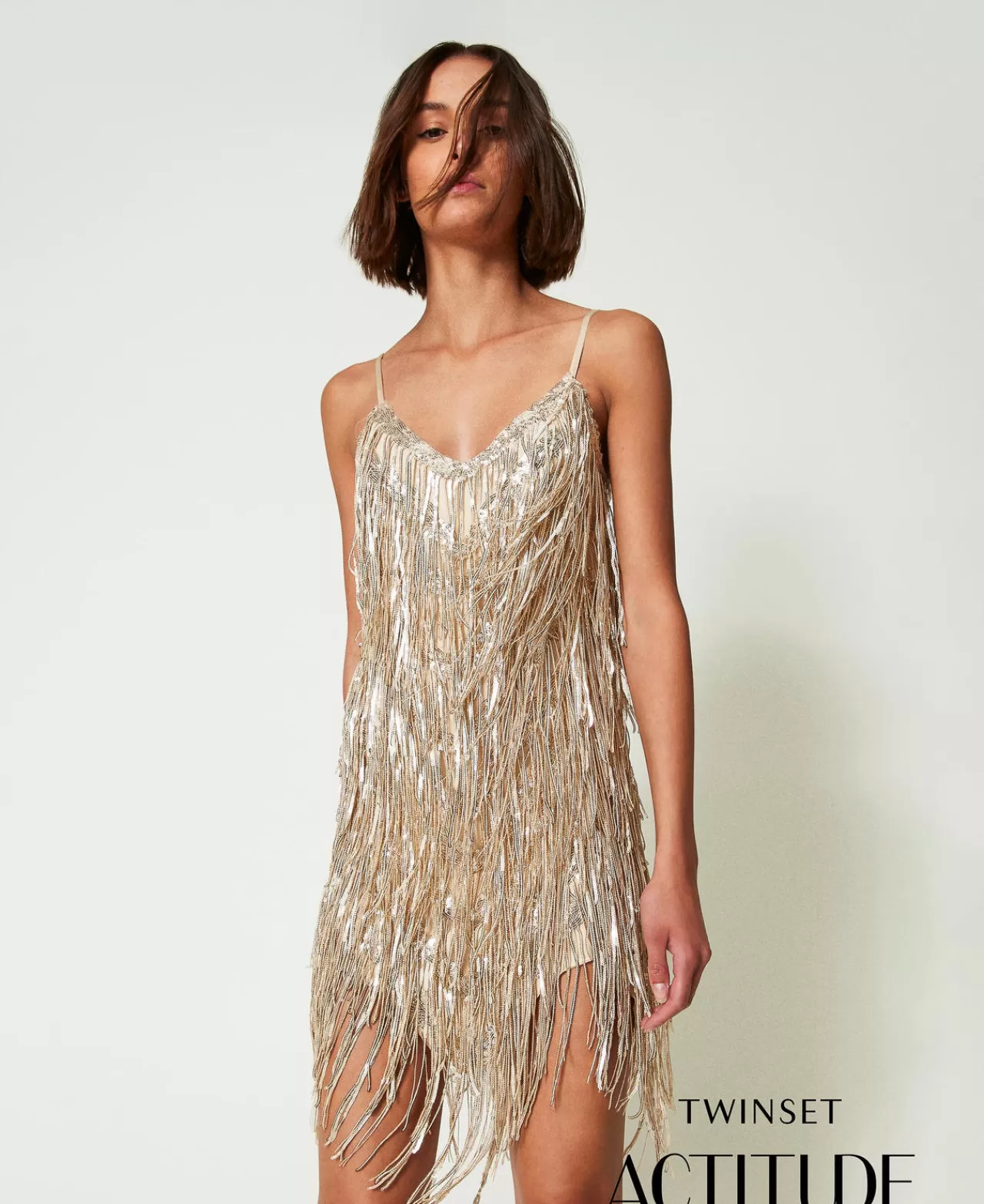 Vestiti Da Cerimonia | Vestiti Eleganti | TWINSET Milano Abito Corto MYFO Con Frange Di Paillettes Dull Gold