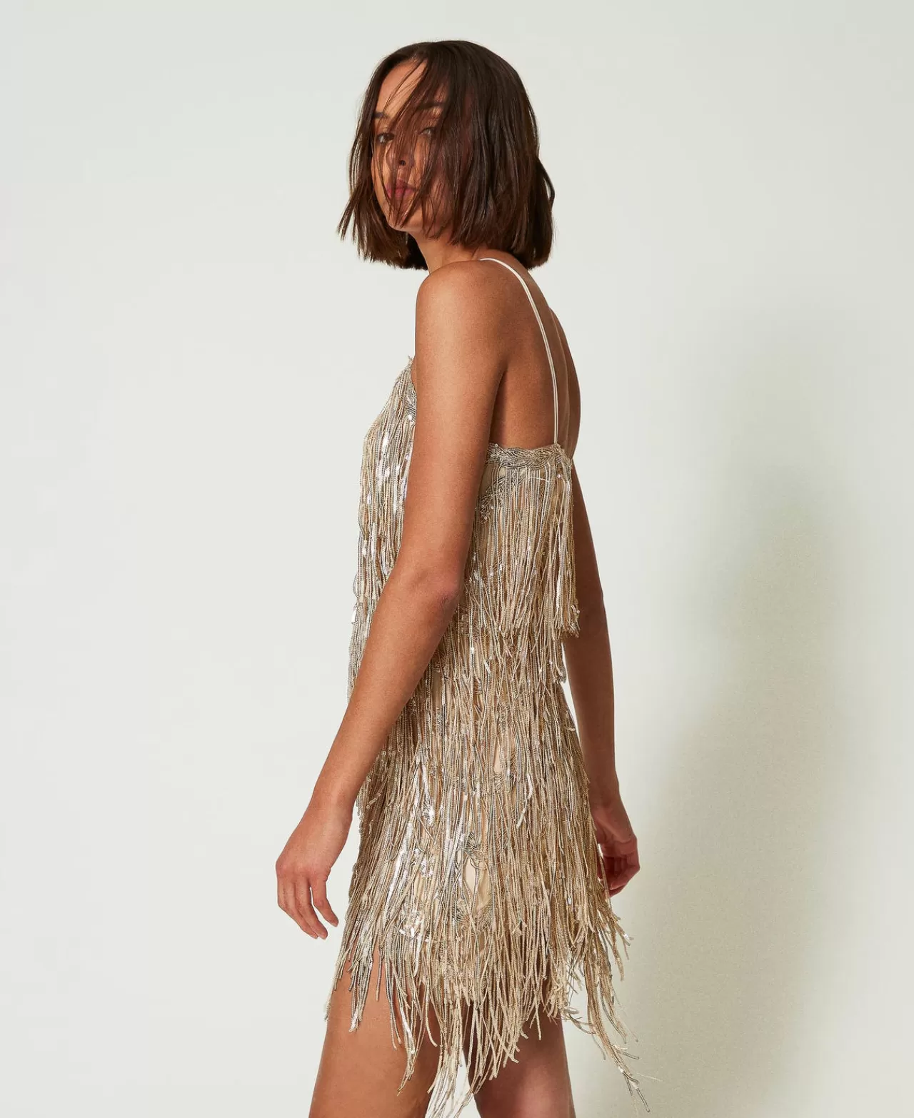 Vestiti Da Cerimonia | Vestiti Eleganti | TWINSET Milano Abito Corto MYFO Con Frange Di Paillettes Dull Gold
