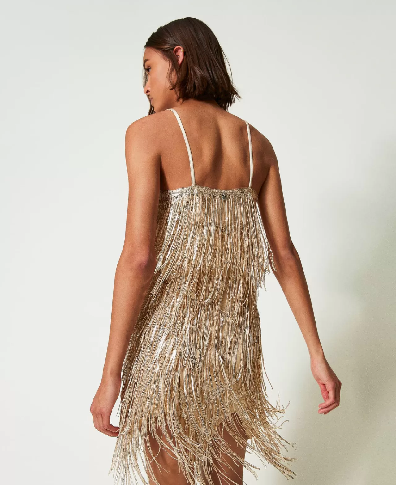 Vestiti Da Cerimonia | Vestiti Eleganti | TWINSET Milano Abito Corto MYFO Con Frange Di Paillettes Dull Gold
