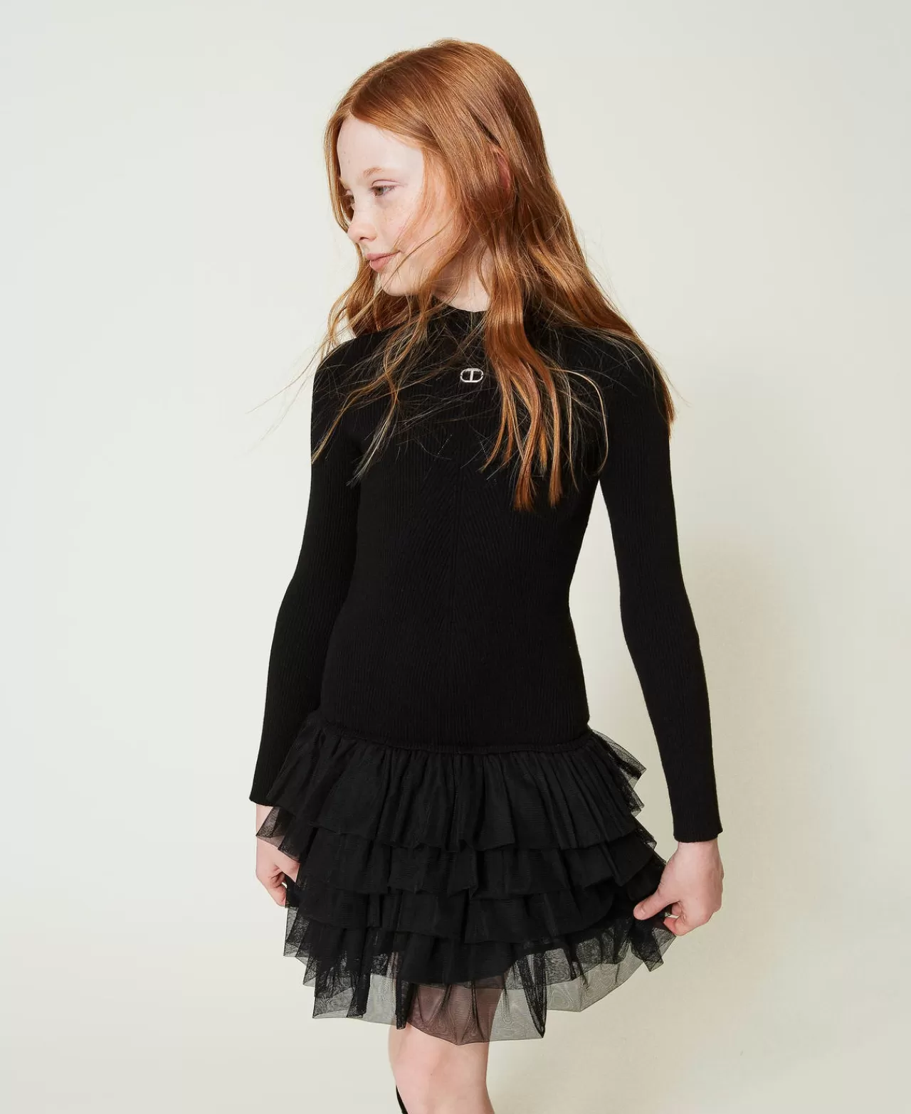 Vestiti | TWINSET Milano Abito In Maglia A Costine Con Tulle Nero