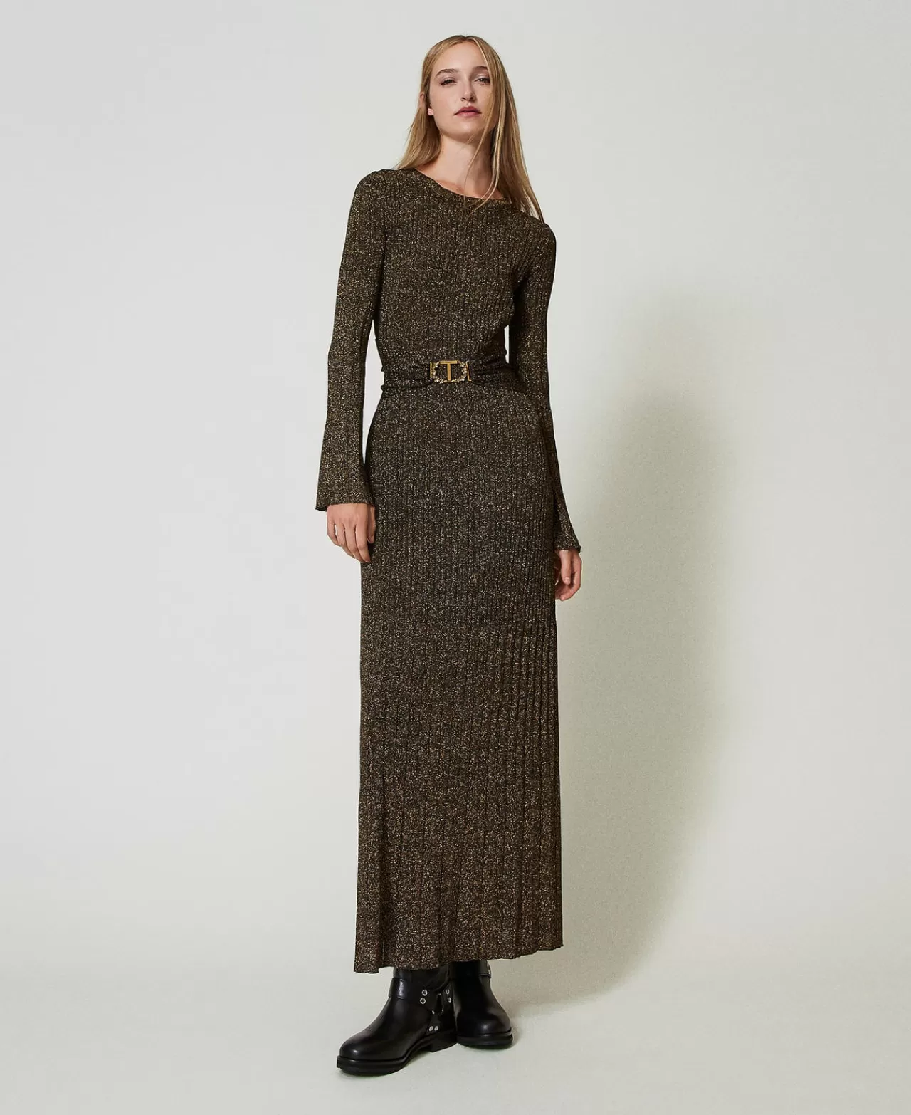 Vestiti Da Cerimonia | Vestiti Lunghi | TWINSET Milano Abito Lungo In Maglia A Coste Con Cintura Oval T Bicolor Nero / Oro Scuro