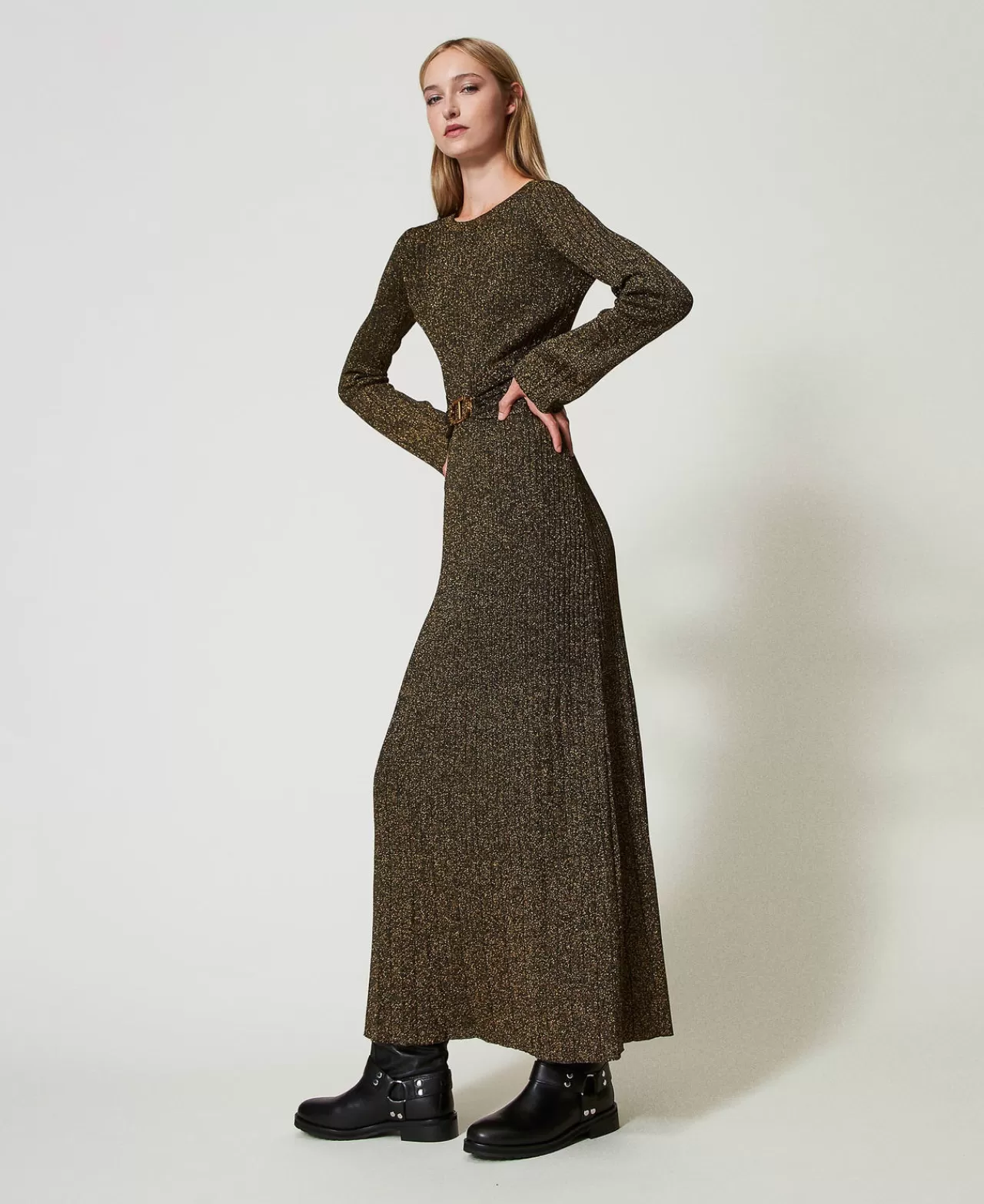 Vestiti Da Cerimonia | Vestiti Lunghi | TWINSET Milano Abito Lungo In Maglia A Coste Con Cintura Oval T Bicolor Nero / Oro Scuro