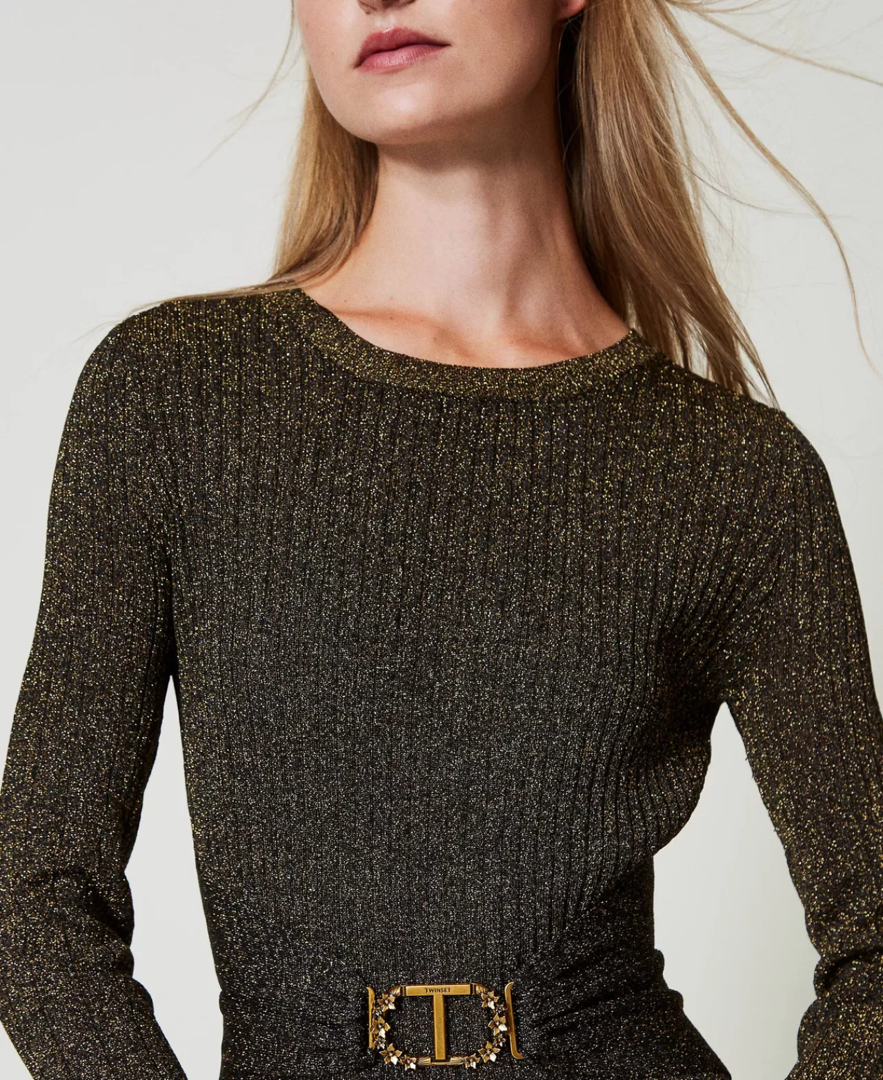 Vestiti Da Cerimonia | Vestiti Lunghi | TWINSET Milano Abito Lungo In Maglia A Coste Con Cintura Oval T Bicolor Nero / Oro Scuro
