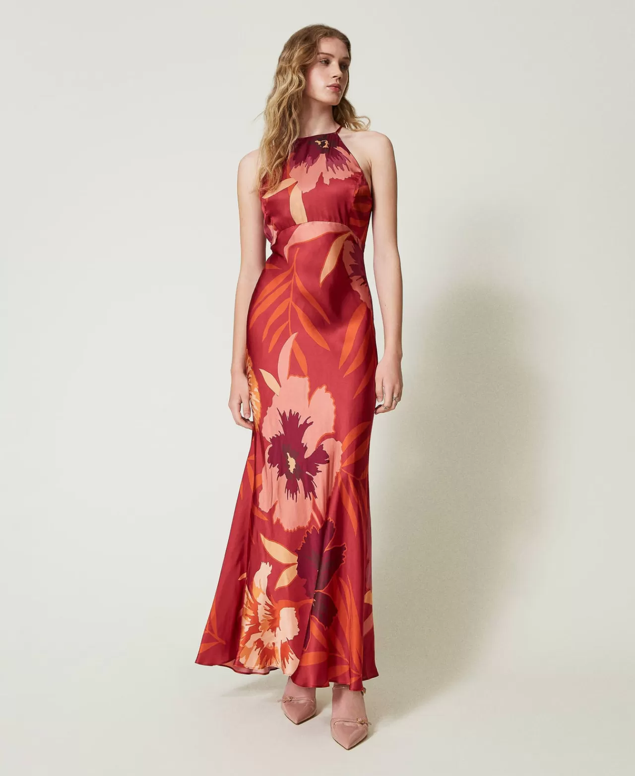Vestiti Da Cerimonia | Vestiti Eleganti | TWINSET Milano Abito Lungo In Raso A Fiori Con Scollo All'americana Macro Flowers Rosso / Red Plum