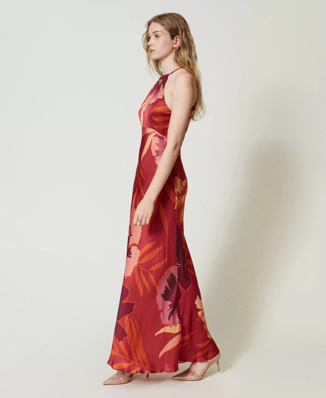 Vestiti Da Cerimonia | Vestiti Eleganti | TWINSET Milano Abito Lungo In Raso A Fiori Con Scollo All'americana Macro Flowers Rosso / Red Plum