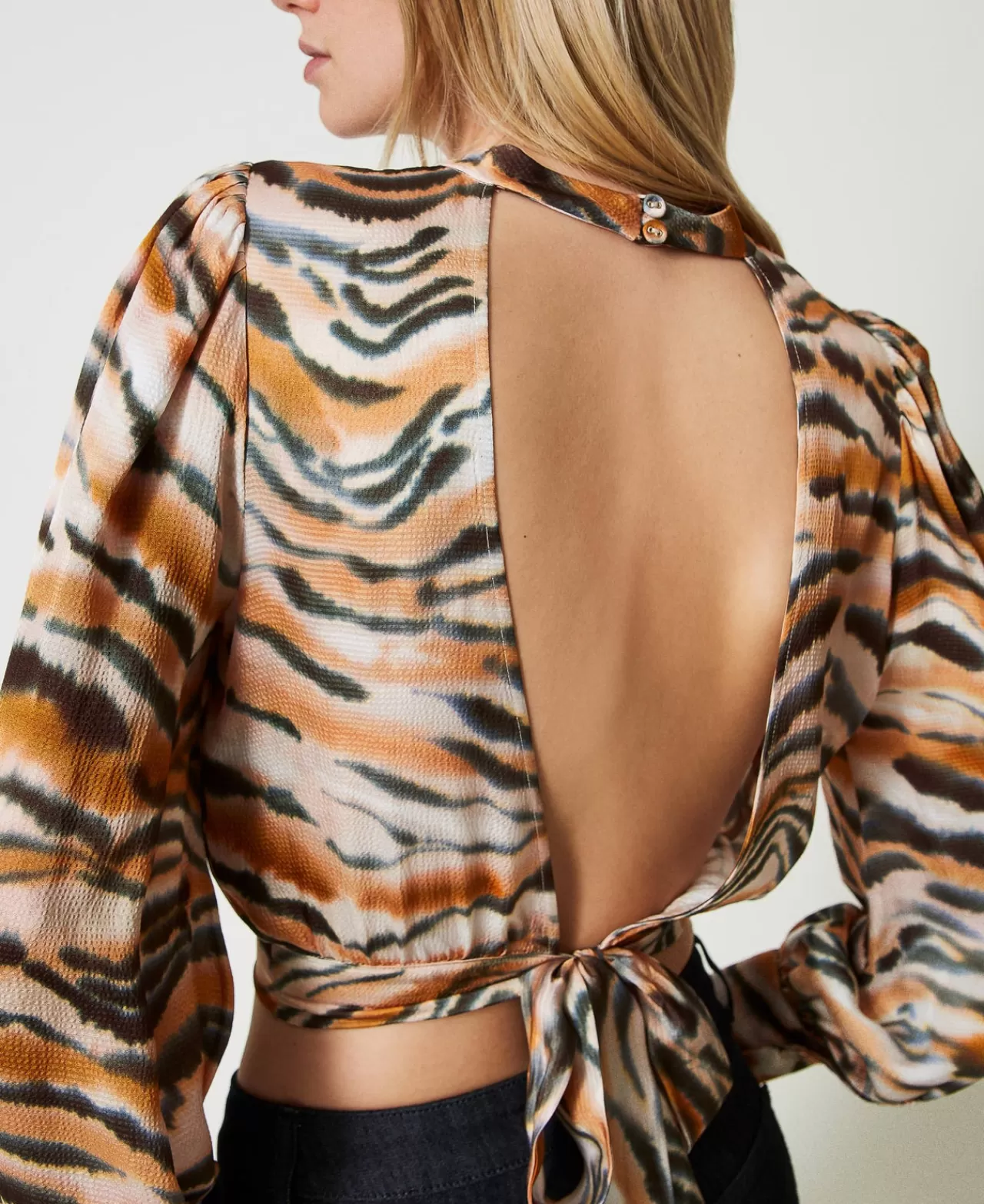 Bluse E Camicie | TWINSET Milano Blusa Cropped In Raso Animalier Stampa Tigre Arancio "Tennè" / Nero