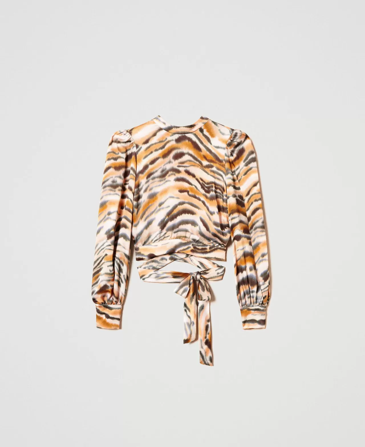 Bluse E Camicie | TWINSET Milano Blusa Cropped In Raso Animalier Stampa Tigre Arancio "Tennè" / Nero