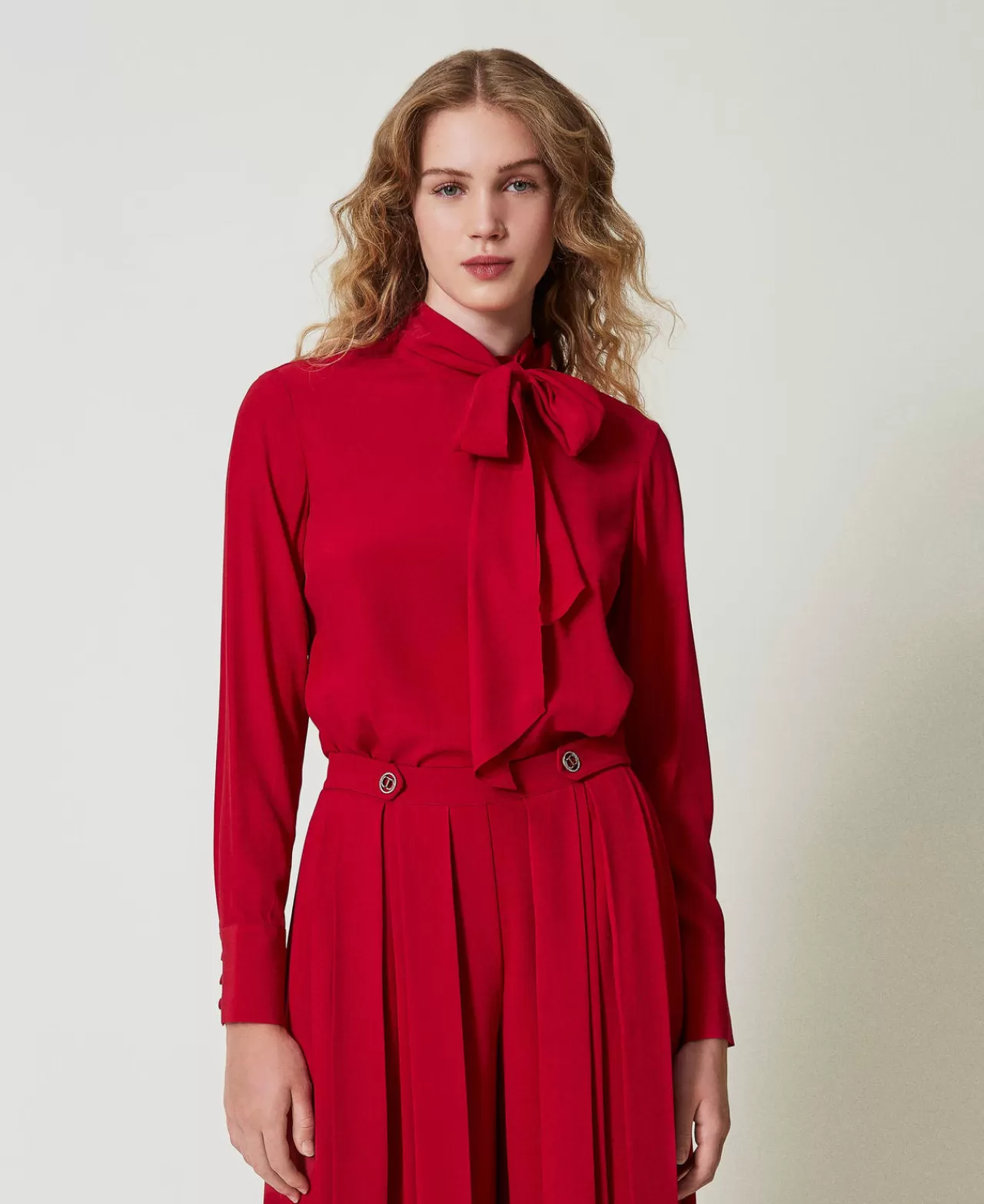 Bluse E Camicie | TWINSET Milano Blusa Misto Seta Con Fiocco Rosso Veneziano