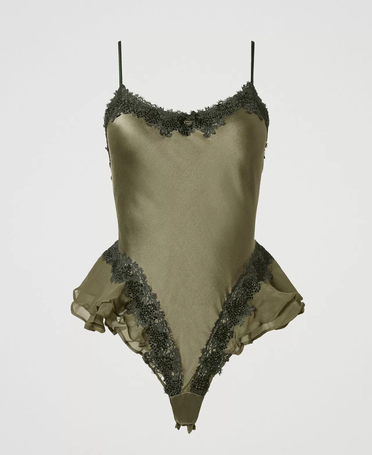 Intimo E Nightwear | TWINSET Milano Body In Seta Con Macramè E Strass Bicolor Green Moss / Blackout