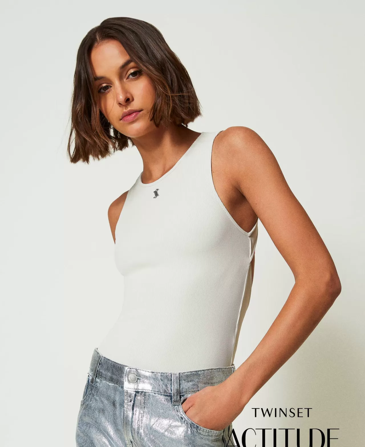 T-Shirt E Top | TWINSET Milano Body MYFO A Costine Con Logo Bianco Neve