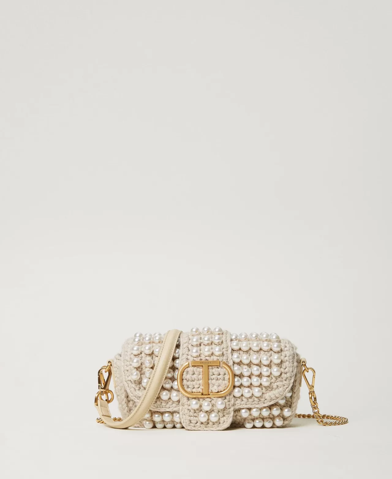 Borse A Mano | Borse A Spalla | TWINSET Milano Borsa A Tracolla 'Amie' Piccola Crochet Con Perle Bianco "Old White"