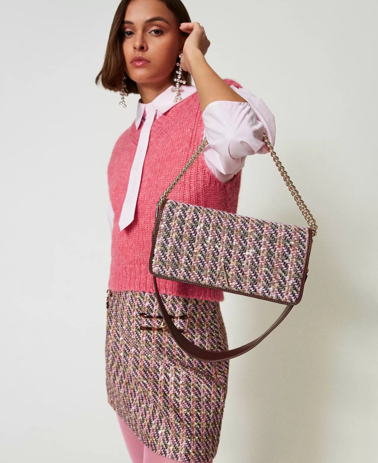 Borse A Mano | Borse A Spalla | TWINSET Milano Borsa A Tracolla Con Bouclé Multicolor Pink Tulle Bouclè