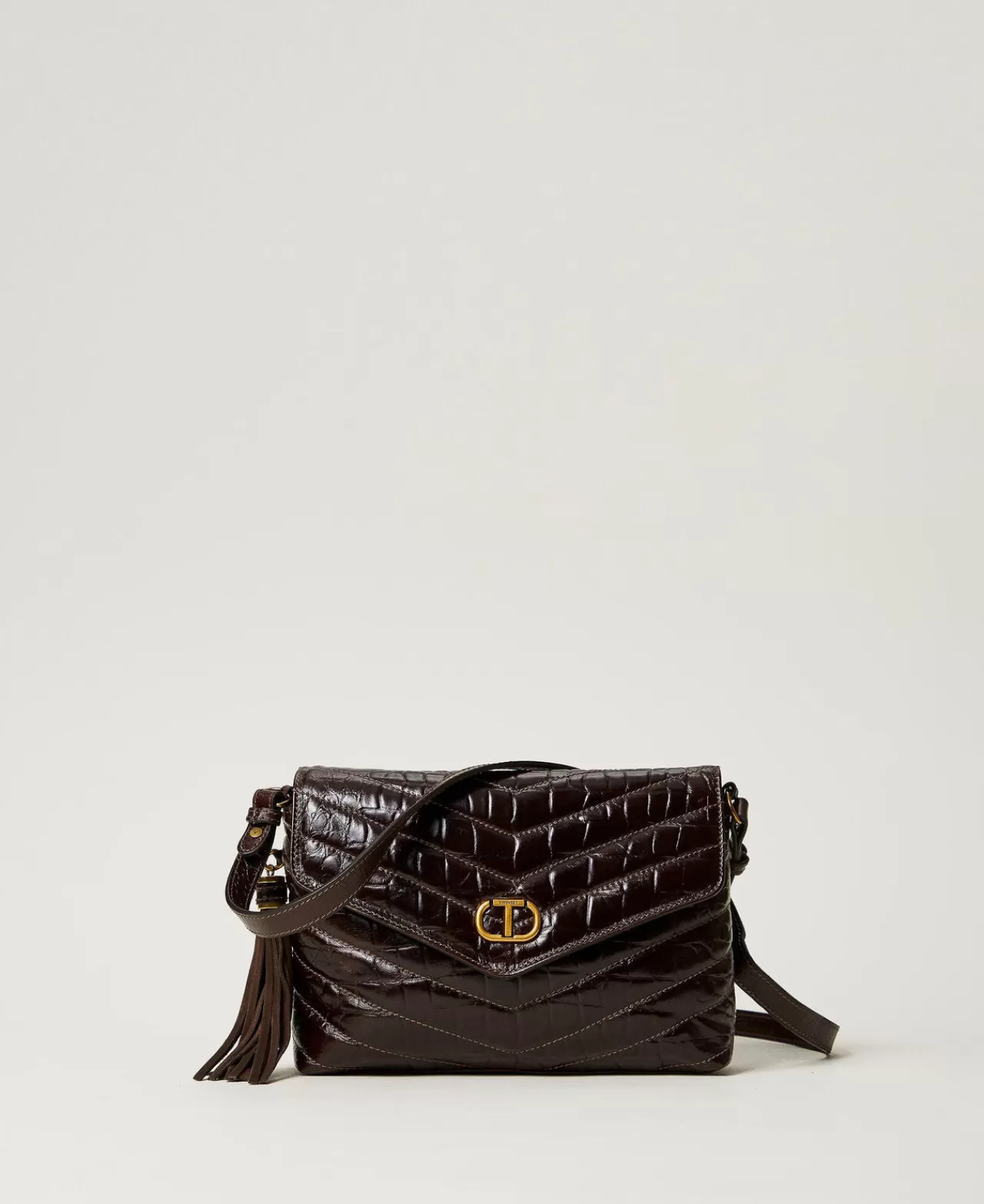 Borse A Spalla | Borse A Tracolla | TWINSET Milano Borsa A Tracolla 'Dreamy' Media In Pelle Stampa Cocco Marrone Fondente