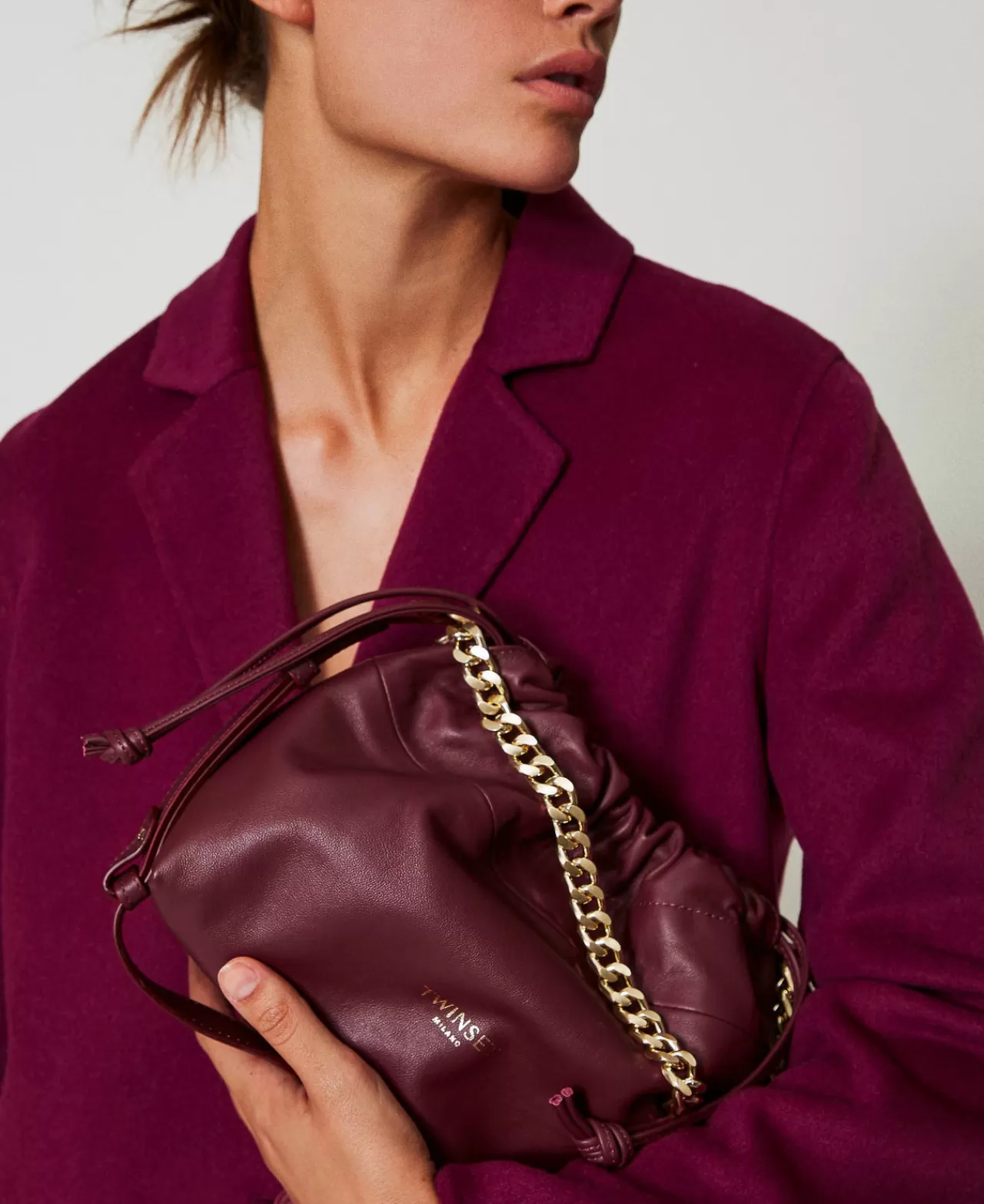 Borse A Mano | Borse A Spalla | TWINSET Milano Borsa A Tracolla In Pelle Con Coulisse Bordeaux