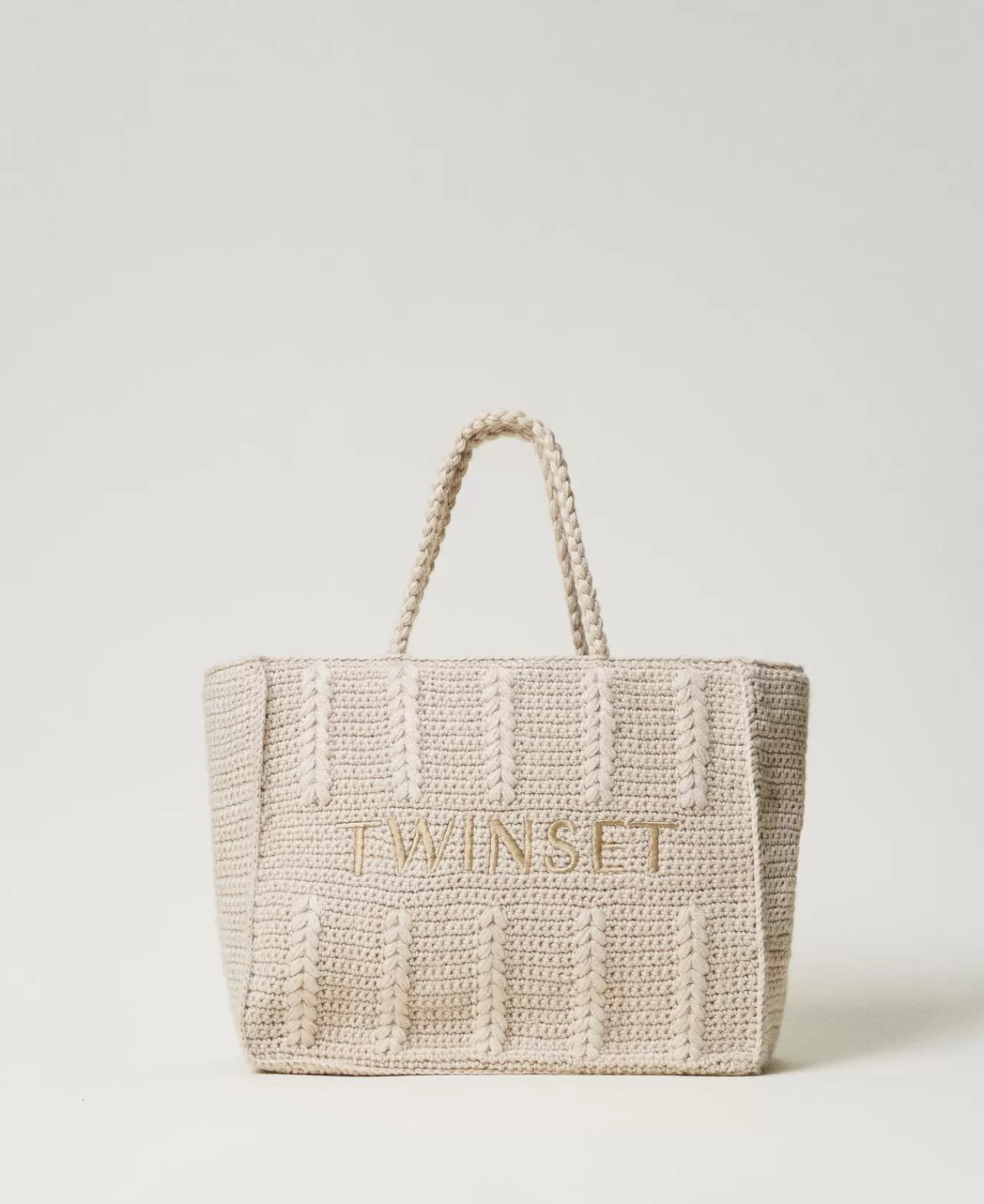 Borse Shopping | Borse A Mano | TWINSET Milano Borsa Shopper 'Bohémienne' Tricot Con Logo Bianco "White Cream"