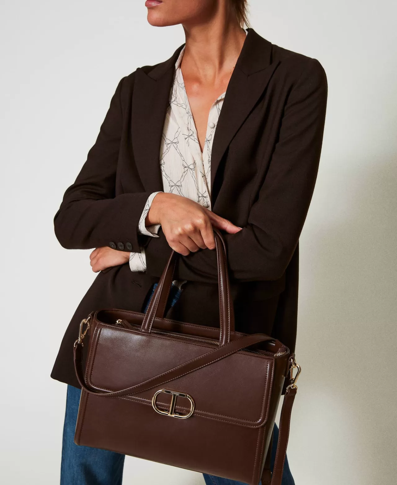 Borse Shopping | Borse A Mano | TWINSET Milano Borsa Shopper ‘Brera’ Con Apertura Oval T Coffee Chocolate