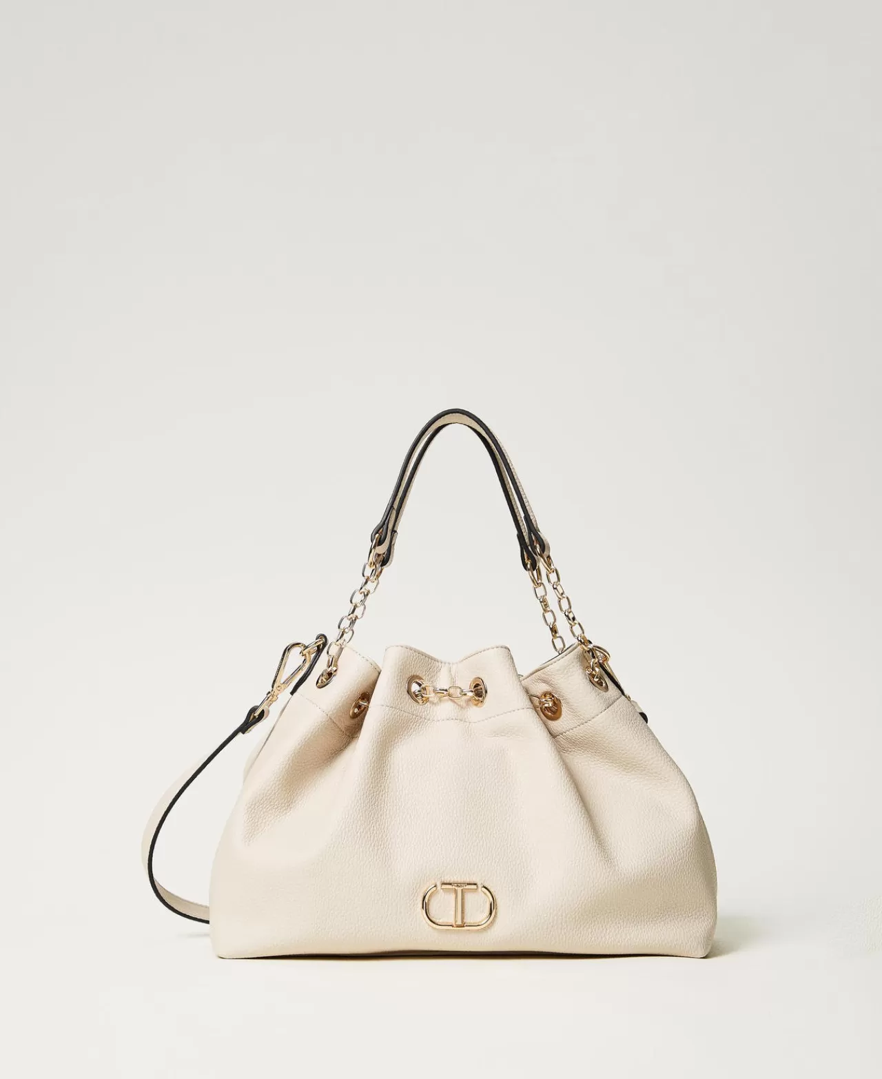Borse Shopping | Borse A Mano | TWINSET Milano Borsa Shopper Con Oval T E Manici Coulisse Off White
