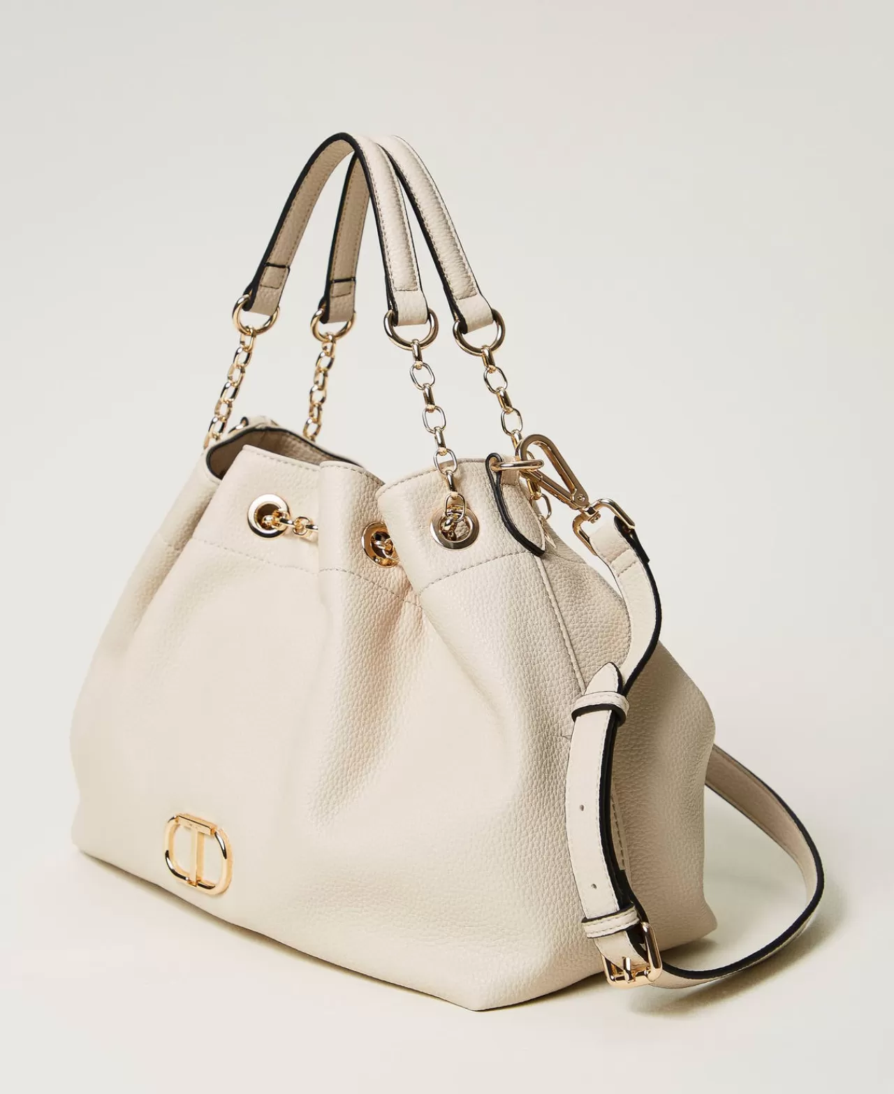 Borse Shopping | Borse A Mano | TWINSET Milano Borsa Shopper Con Oval T E Manici Coulisse Off White