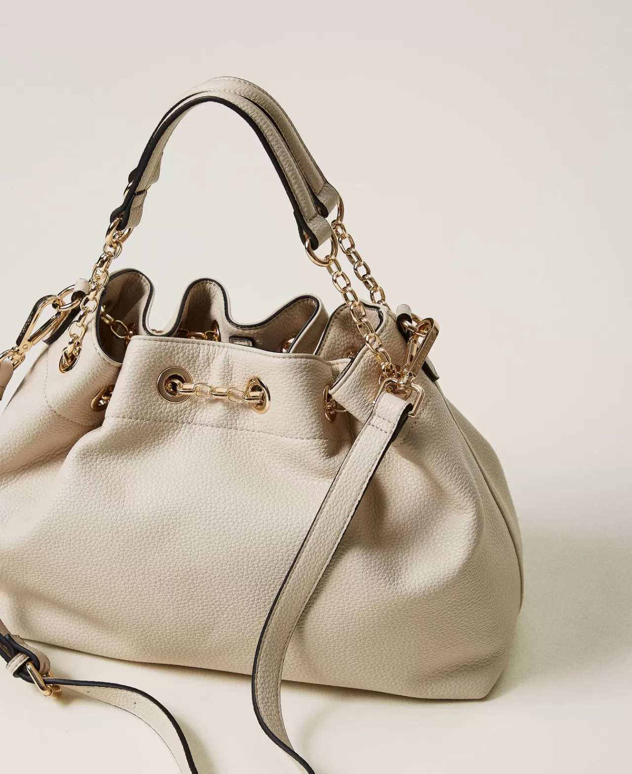 Borse Shopping | Borse A Mano | TWINSET Milano Borsa Shopper Con Oval T E Manici Coulisse Off White