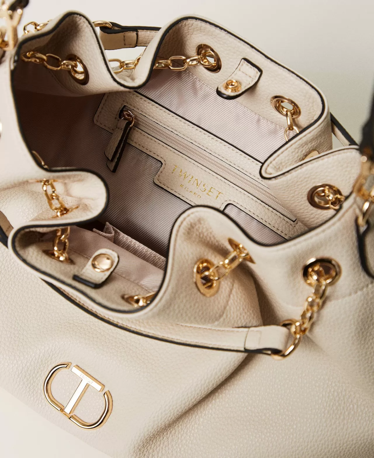 Borse Shopping | Borse A Mano | TWINSET Milano Borsa Shopper Con Oval T E Manici Coulisse Off White