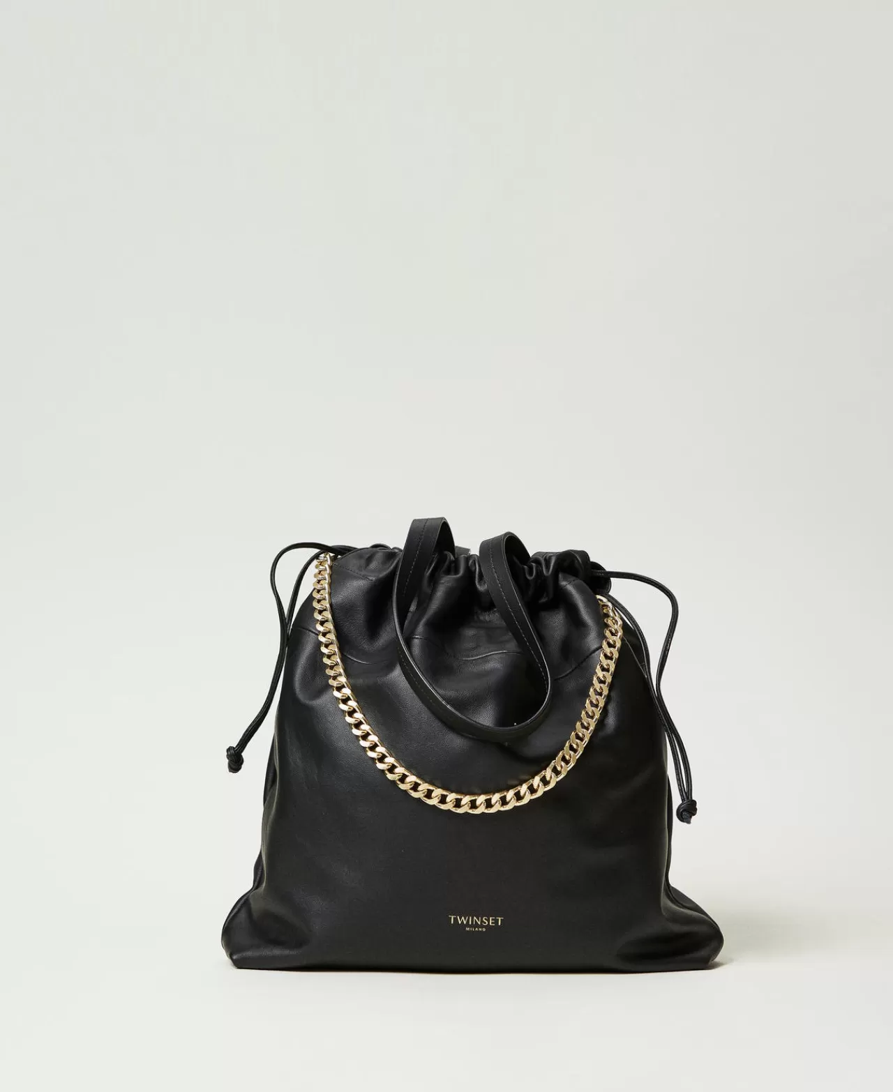 Borse Shopping | Borse A Mano | TWINSET Milano Borsa Shopper Grande In Pelle Con Coulisse Nero