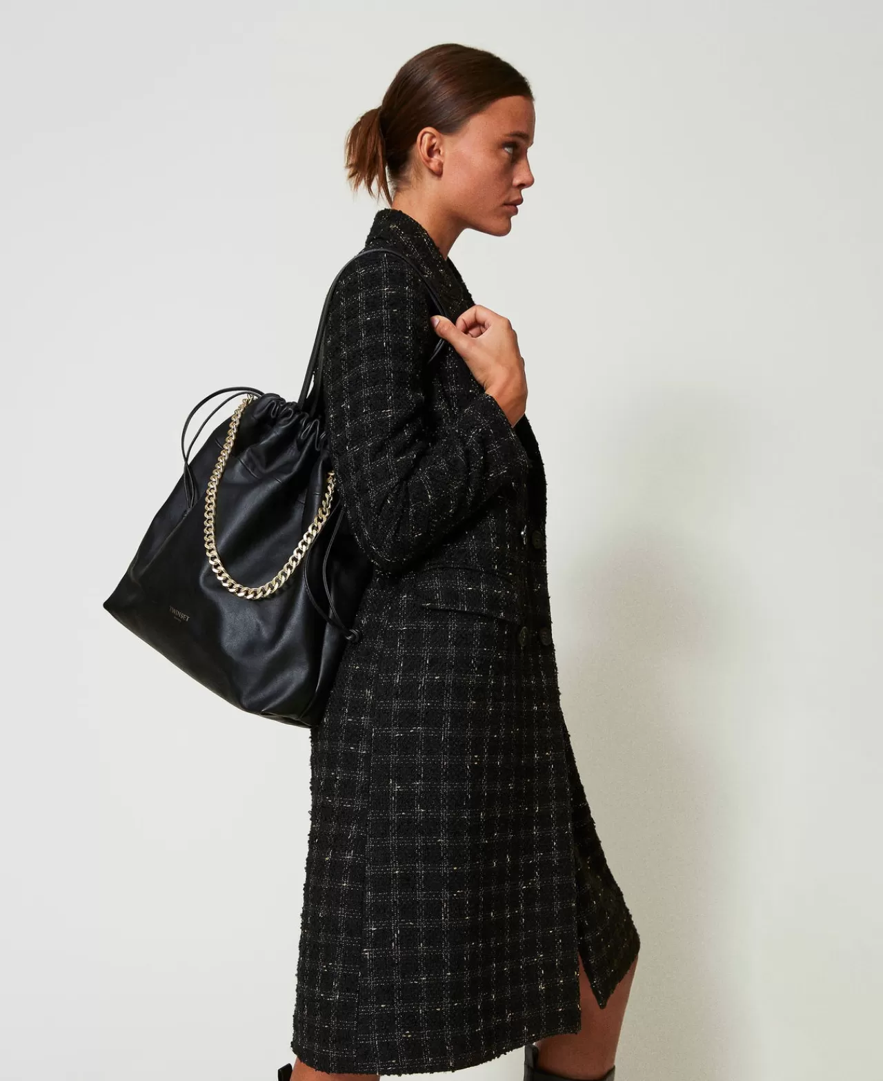 Borse Shopping | Borse A Mano | TWINSET Milano Borsa Shopper Grande In Pelle Con Coulisse Nero