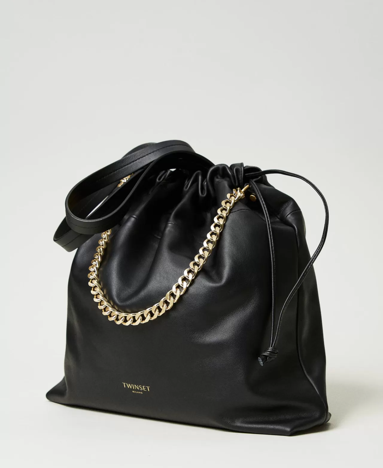 Borse Shopping | Borse A Mano | TWINSET Milano Borsa Shopper Grande In Pelle Con Coulisse Nero
