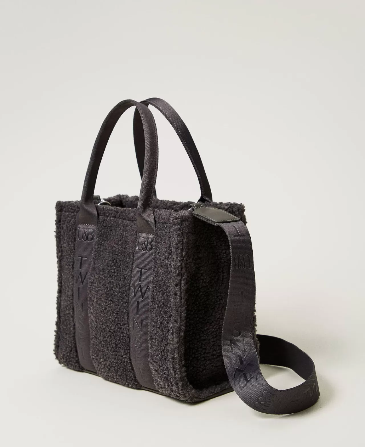 Borse Shopping | Borse A Mano | TWINSET Milano Borsa Shopper In Faux Fur Effetto Furry Grigio "Blackened Pearl"