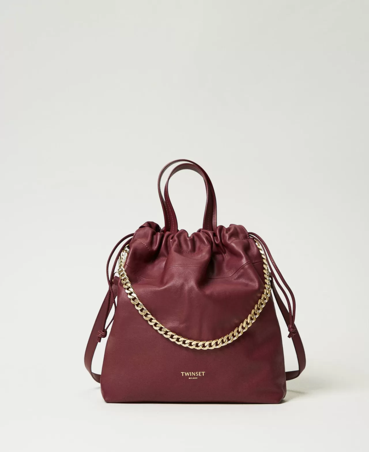 Borse Shopping | Borse A Mano | TWINSET Milano Borsa Shopper Media In Pelle Con Coulisse Bordeaux