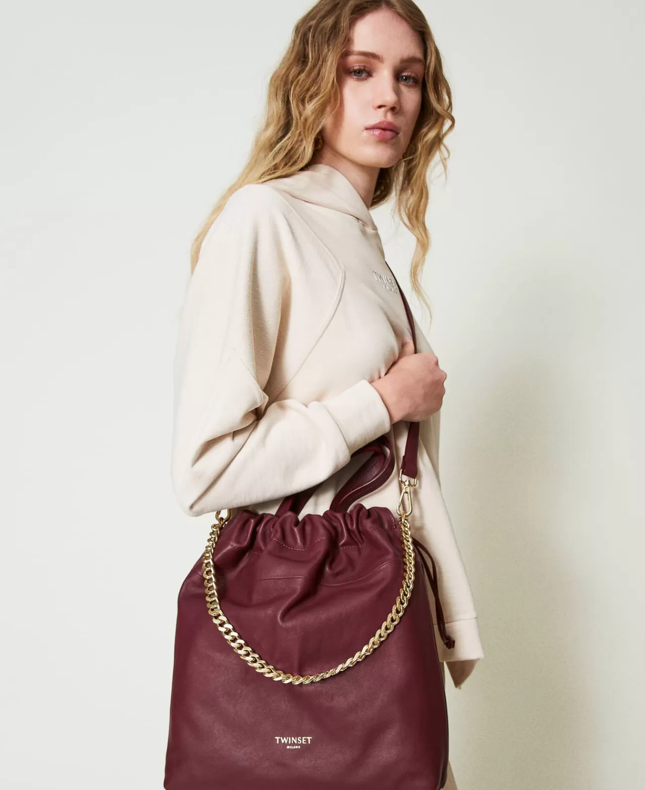 Borse Shopping | Borse A Mano | TWINSET Milano Borsa Shopper Media In Pelle Con Coulisse Bordeaux