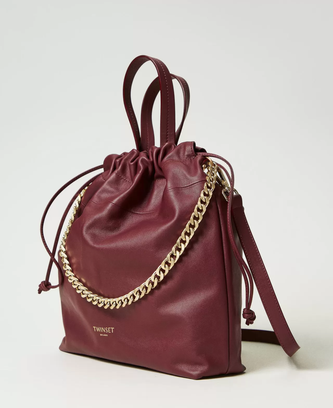 Borse Shopping | Borse A Mano | TWINSET Milano Borsa Shopper Media In Pelle Con Coulisse Bordeaux