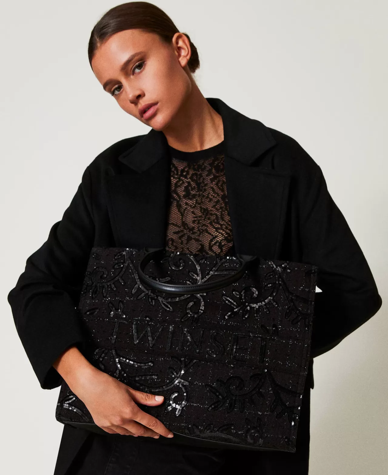 Borse Shopping | Borse A Mano | TWINSET Milano Borsa Shopper 'Victoria' Con Ricamo E Logo Nero