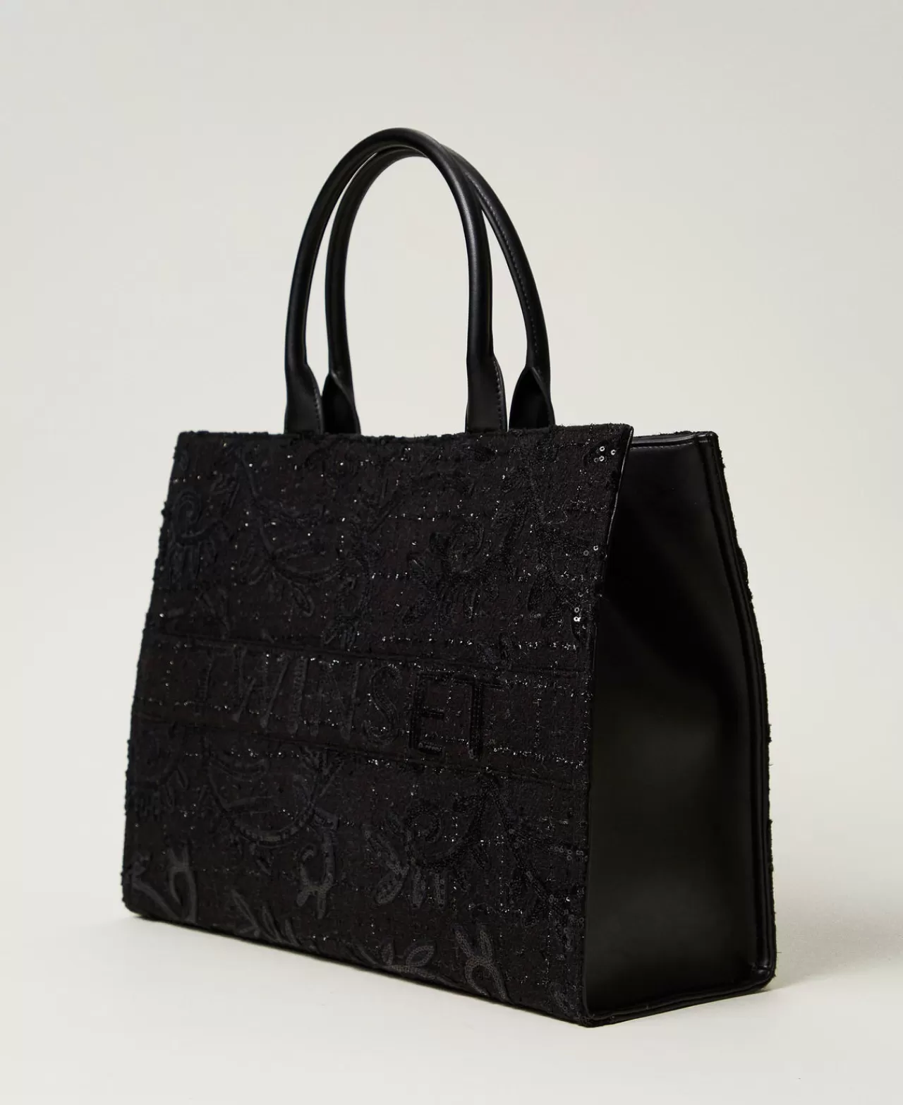 Borse Shopping | Borse A Mano | TWINSET Milano Borsa Shopper 'Victoria' Con Ricamo E Logo Nero