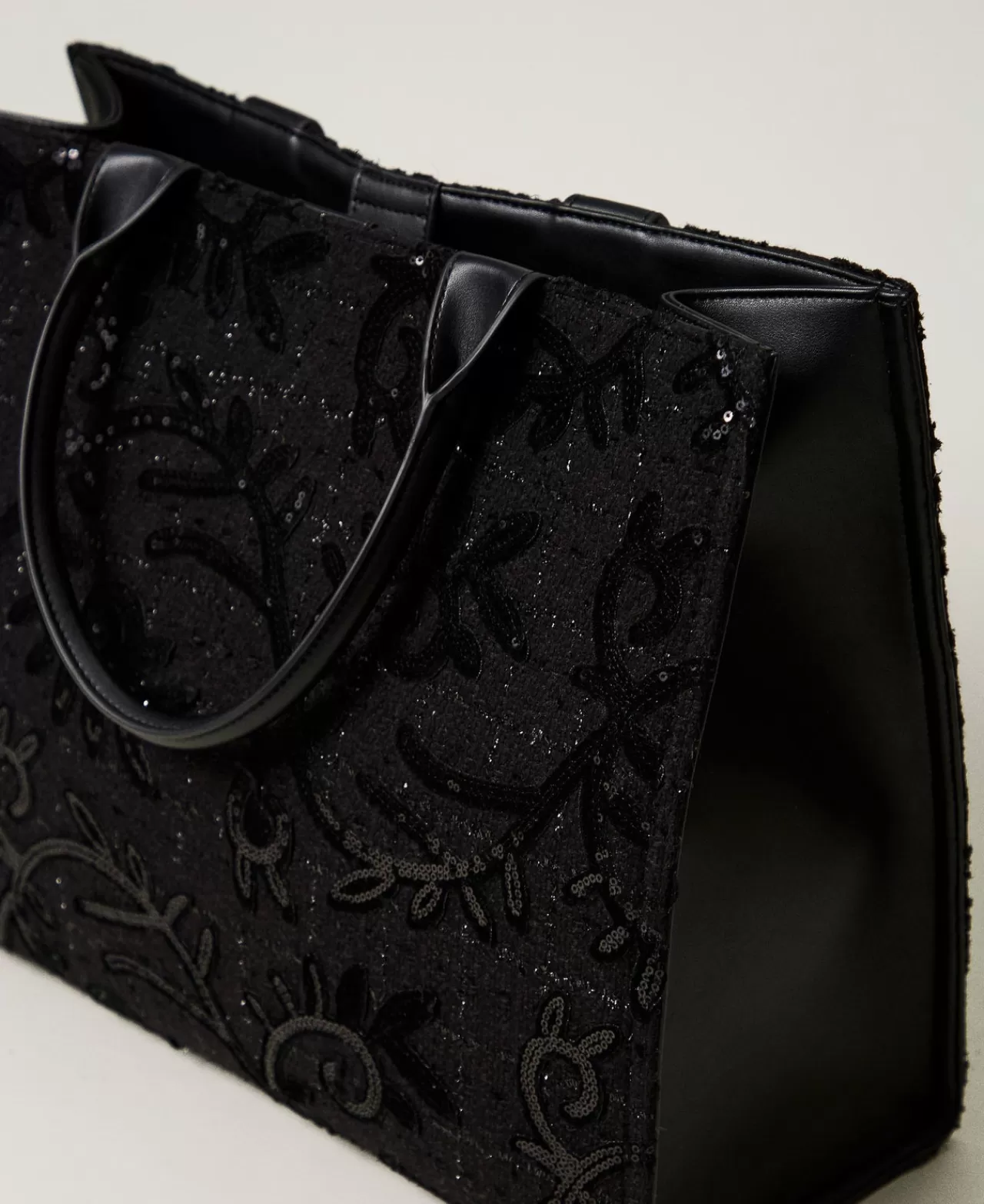 Borse Shopping | Borse A Mano | TWINSET Milano Borsa Shopper 'Victoria' Con Ricamo E Logo Nero