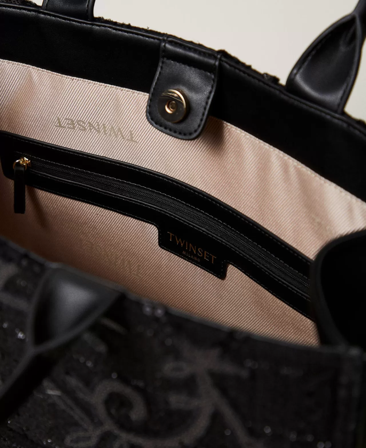 Borse Shopping | Borse A Mano | TWINSET Milano Borsa Shopper 'Victoria' Con Ricamo E Logo Nero