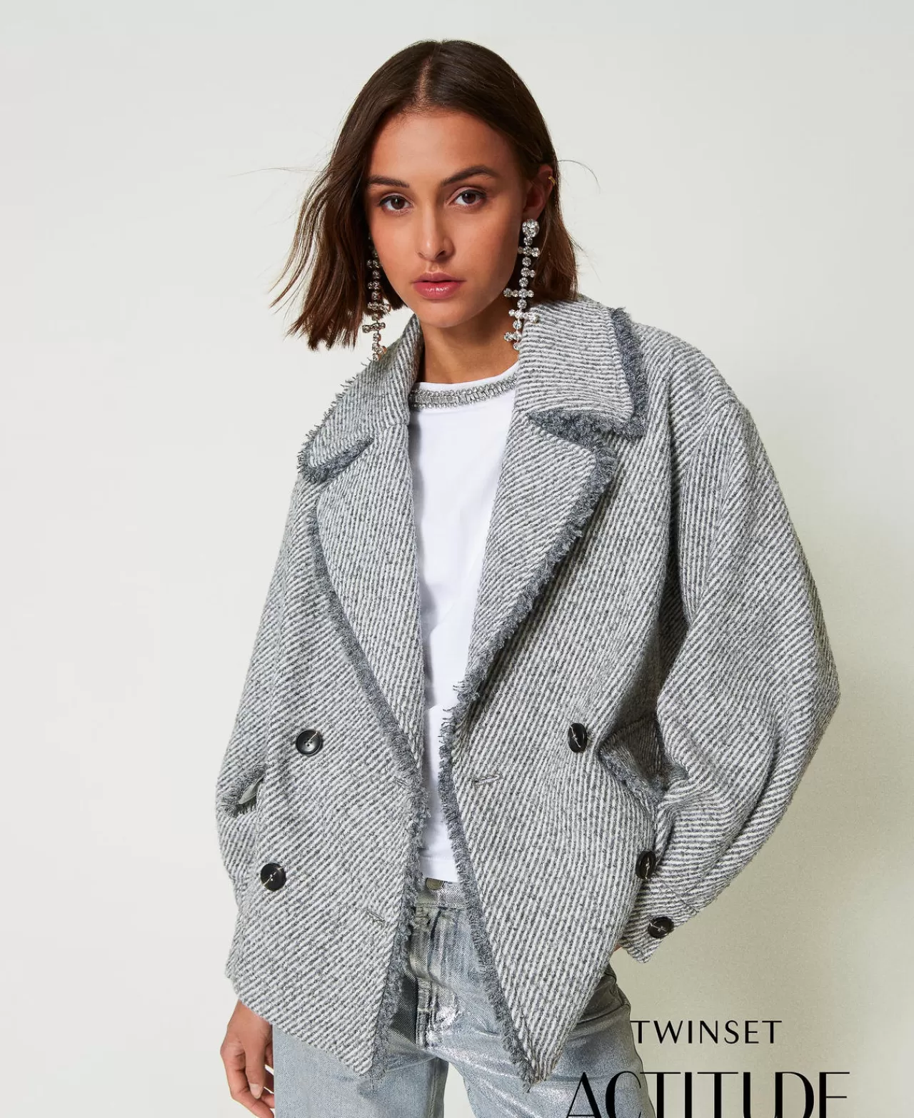 Giacche E Piumini | TWINSET Milano Caban Doppiopetto In Panno Bicolor Bicolor Grigio Fumè / White