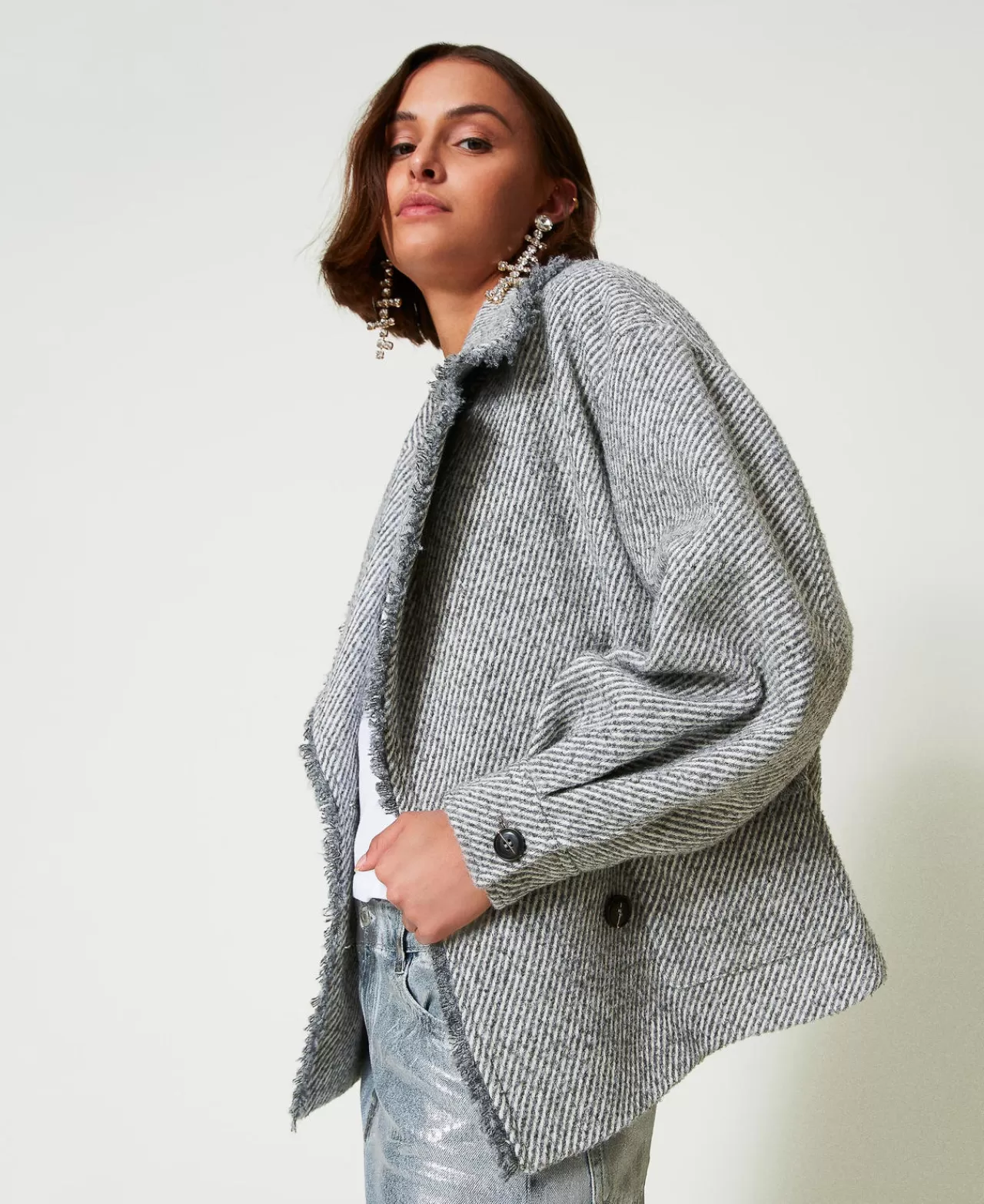 Giacche E Piumini | TWINSET Milano Caban Doppiopetto In Panno Bicolor Bicolor Grigio Fumè / White