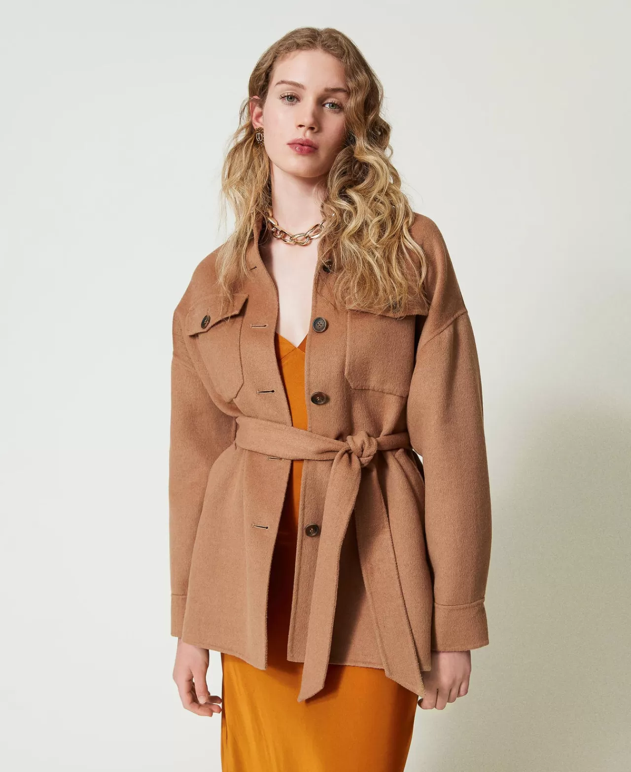 Cappotti E Trench | TWINSET Milano Cappotto Caban In Panno Double Misto Lana Marrone "Sandy Brown"