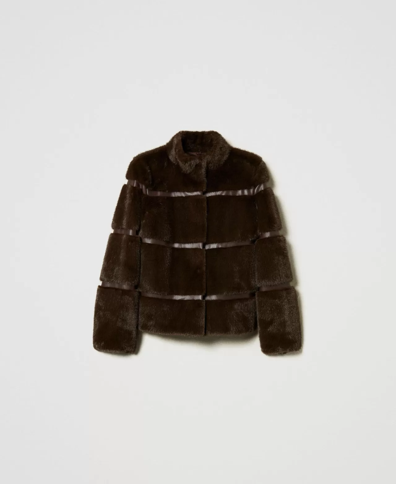 Cappotti E Trench | TWINSET Milano Cappotto Corto In Faux Fur Con Intarsi Coffee Chocolate