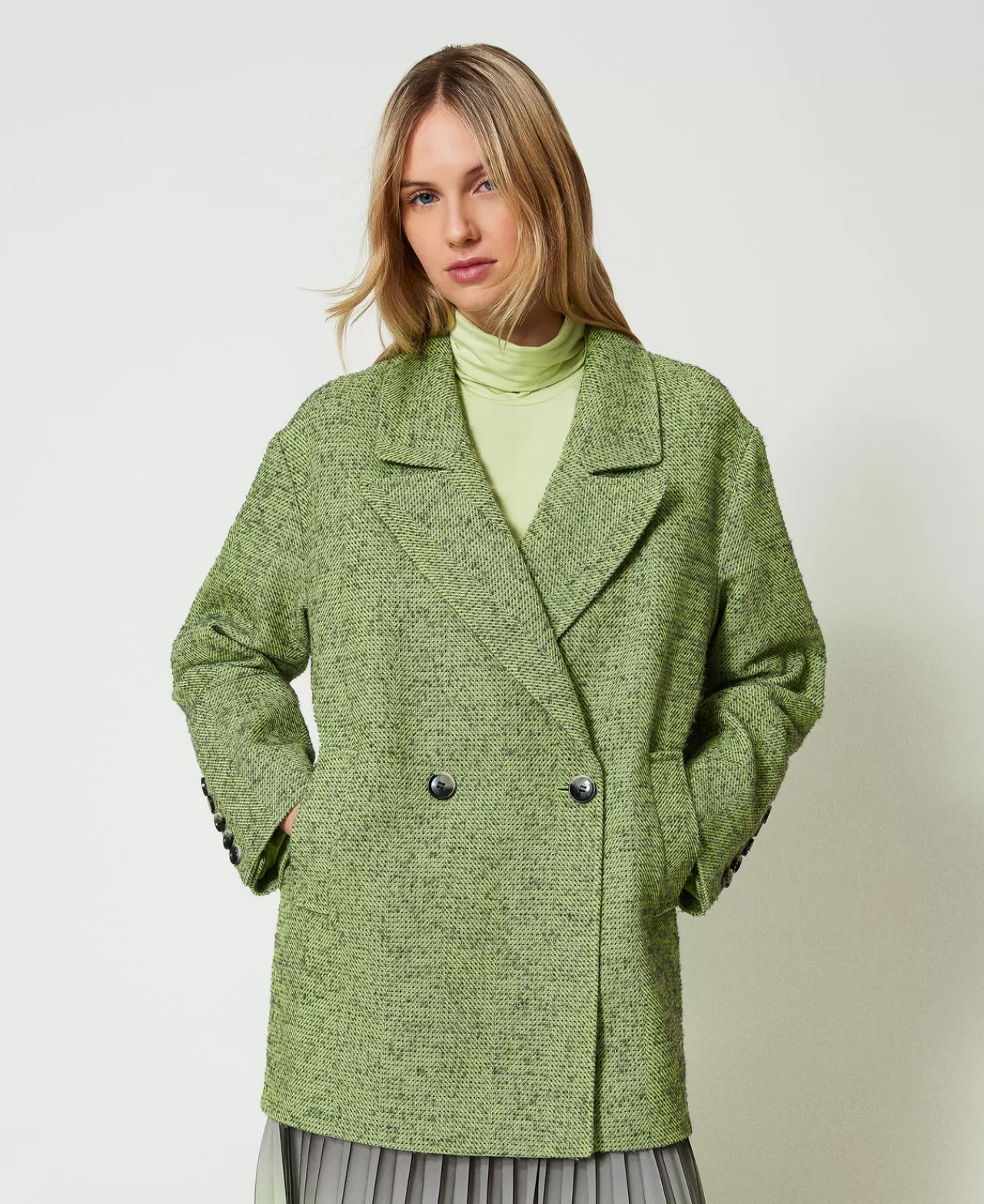 Cappotti E Trench | TWINSET Milano Cappotto Corto Spinato Bicolore Bicolor Verde "Soft Lime" / Grigio Melange Medio