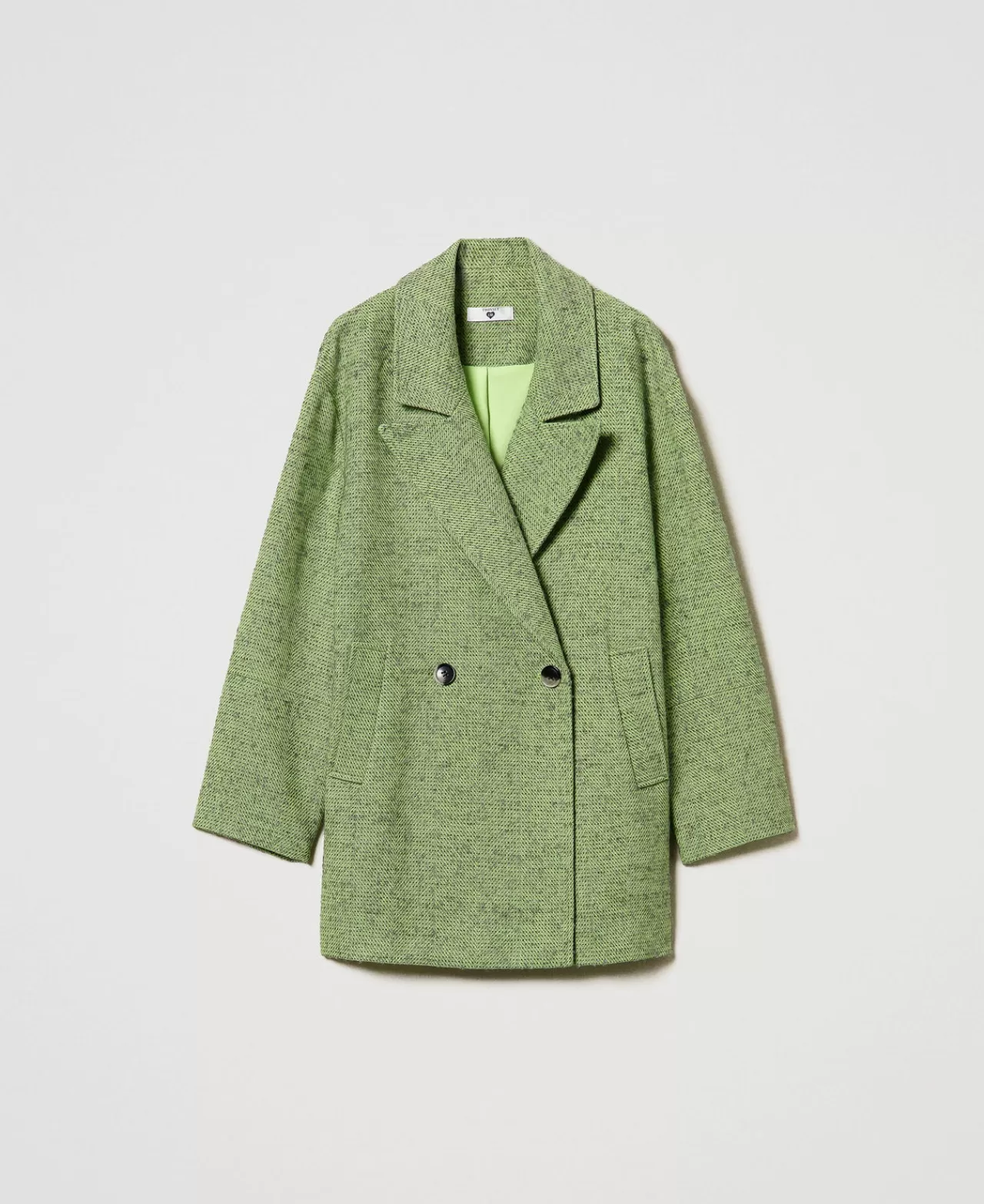 Cappotti E Trench | TWINSET Milano Cappotto Corto Spinato Bicolore Bicolor Verde "Soft Lime" / Grigio Melange Medio