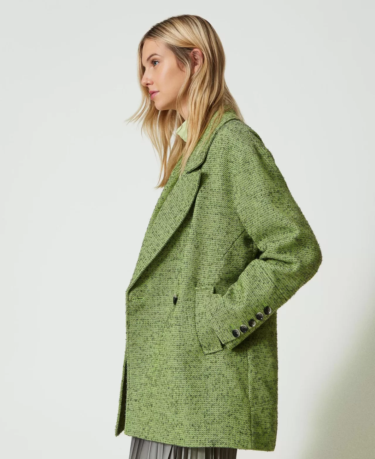 Cappotti E Trench | TWINSET Milano Cappotto Corto Spinato Bicolore Bicolor Verde "Soft Lime" / Grigio Melange Medio