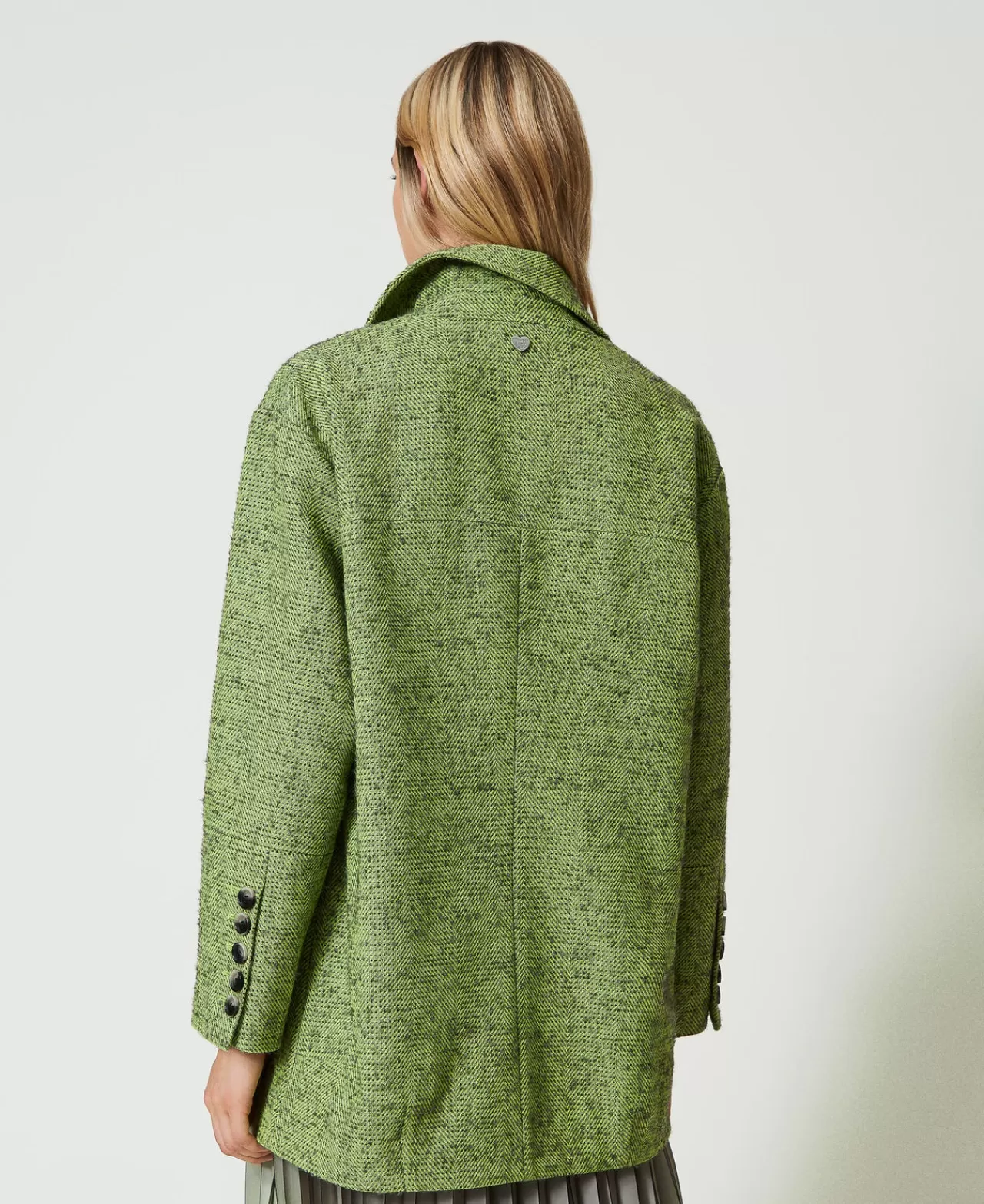 Cappotti E Trench | TWINSET Milano Cappotto Corto Spinato Bicolore Bicolor Verde "Soft Lime" / Grigio Melange Medio